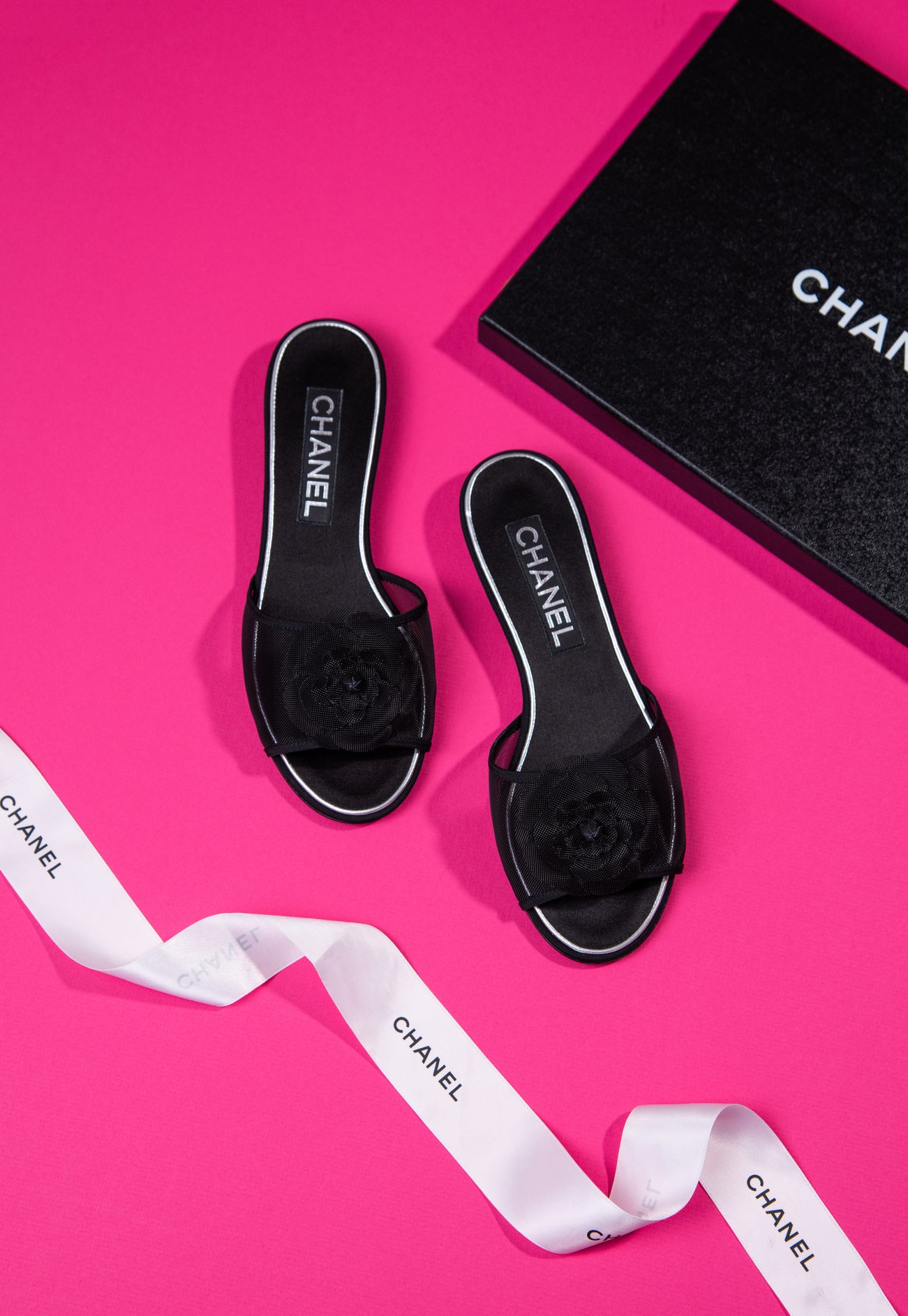 Chanel Black Rose Mesh Sandals