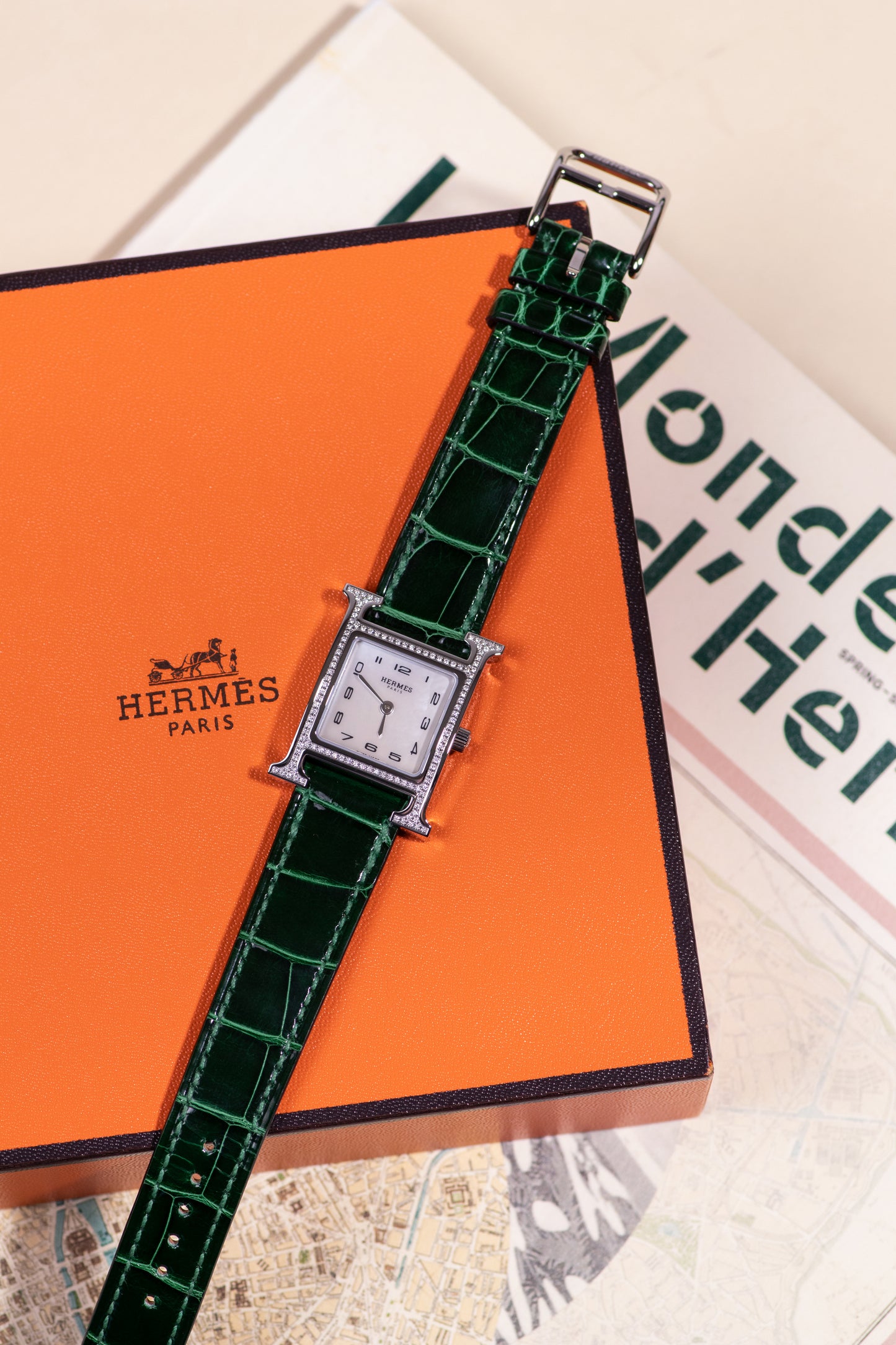 Hermès H Heure Watch with Diamonds & Green Shiny Crocodile Strap