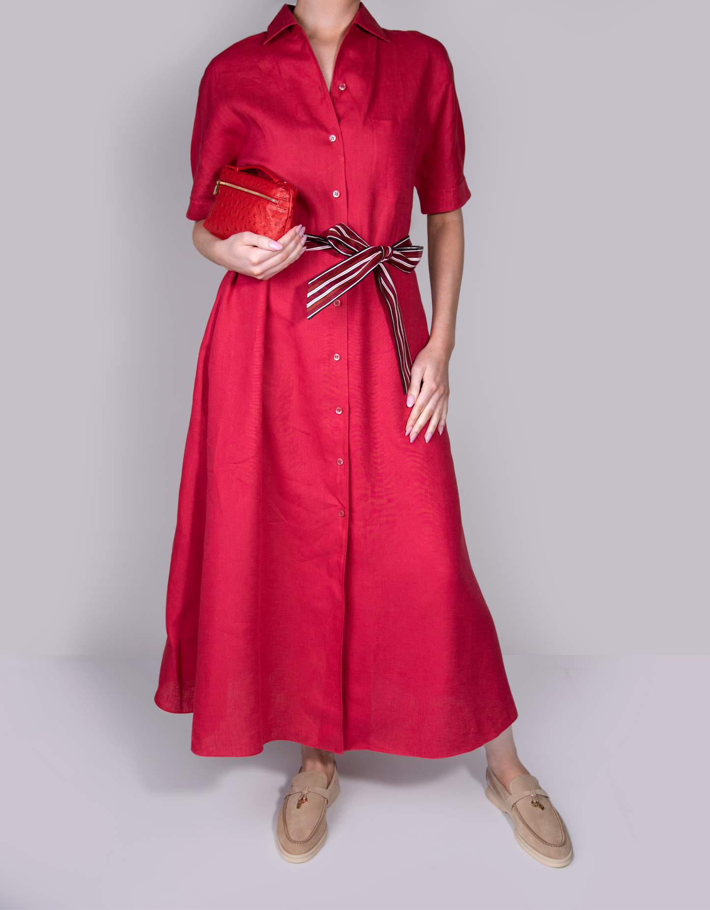Loro Piana Red Clarissa Dress with L19 Ostrich Pouch & Summer Charms Walk Beige Loafers