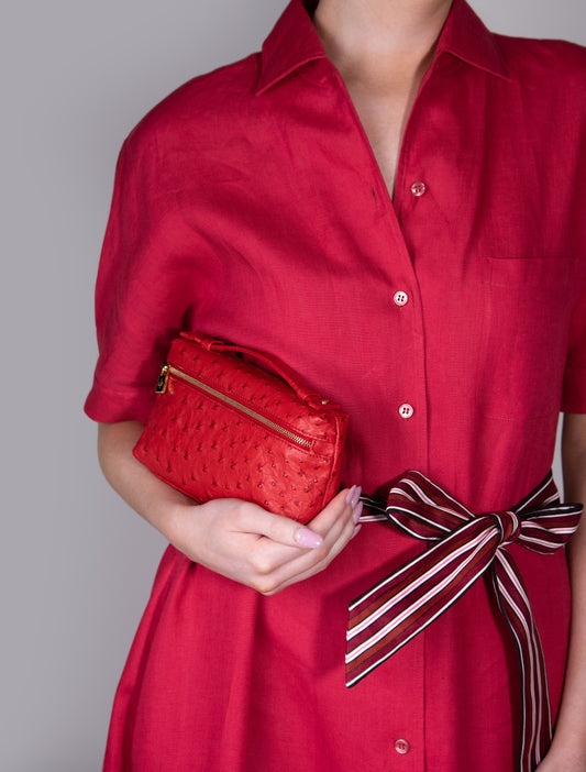 Loro Piana Red Clarissa Dress with L19 Ostrich Pouch & Summer Charms Walk Beige Loafers