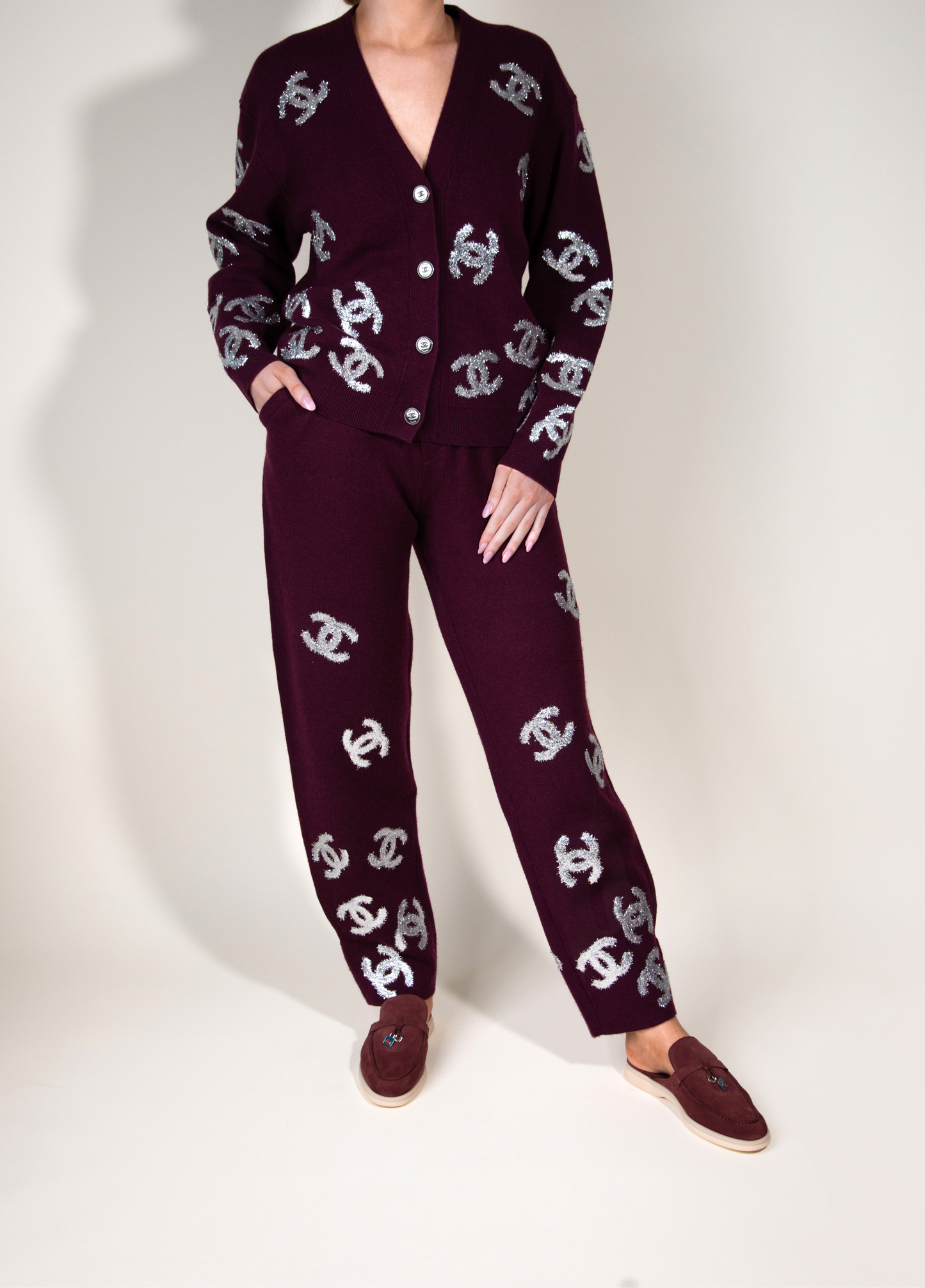 Chanel Two Piece Burgundy & Silver CC Set with Loro Piana Summer On the Go Charm Loafers