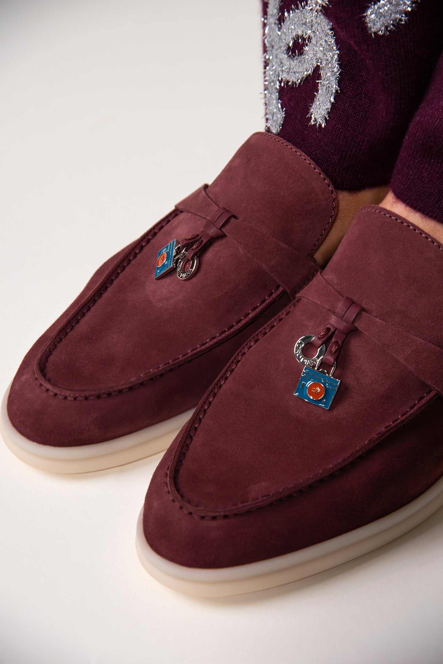 Chanel Two Piece Burgundy & Silver CC Set with Loro Piana Summer On the Go Charm Loafers