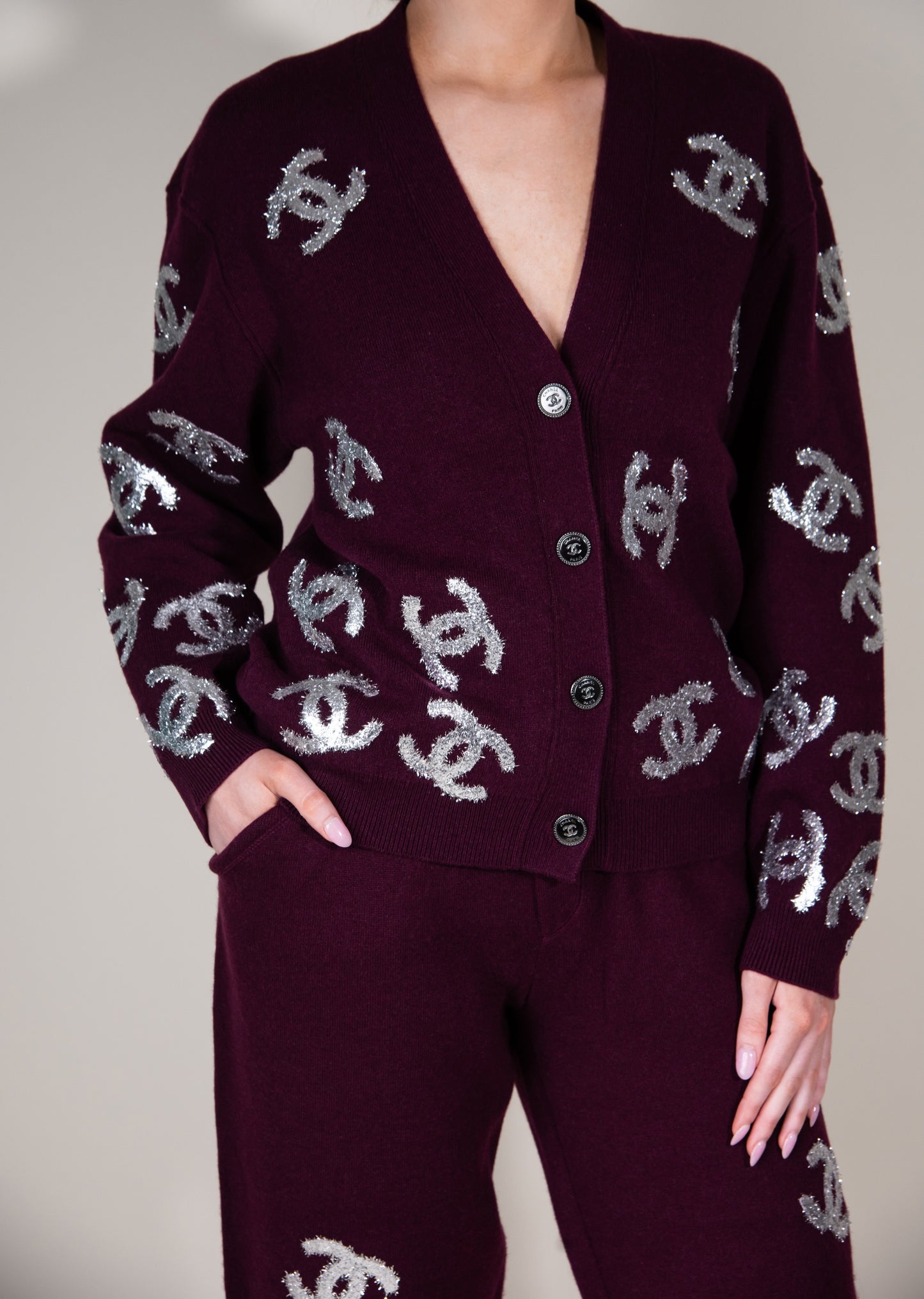 Chanel Two Piece Burgundy & Silver CC Set with Loro Piana Summer On the Go Charm Loafers