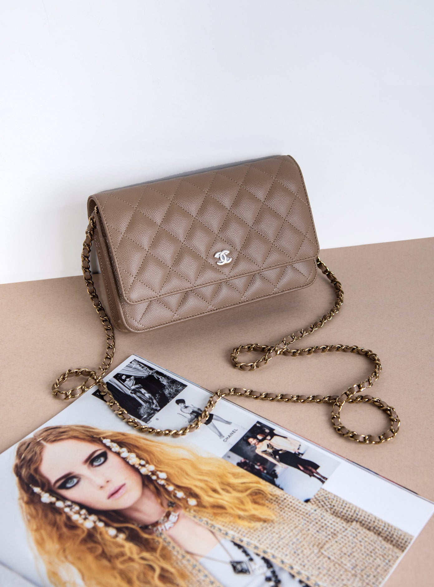 Chanel Caviar Wallet on Chain in Beige