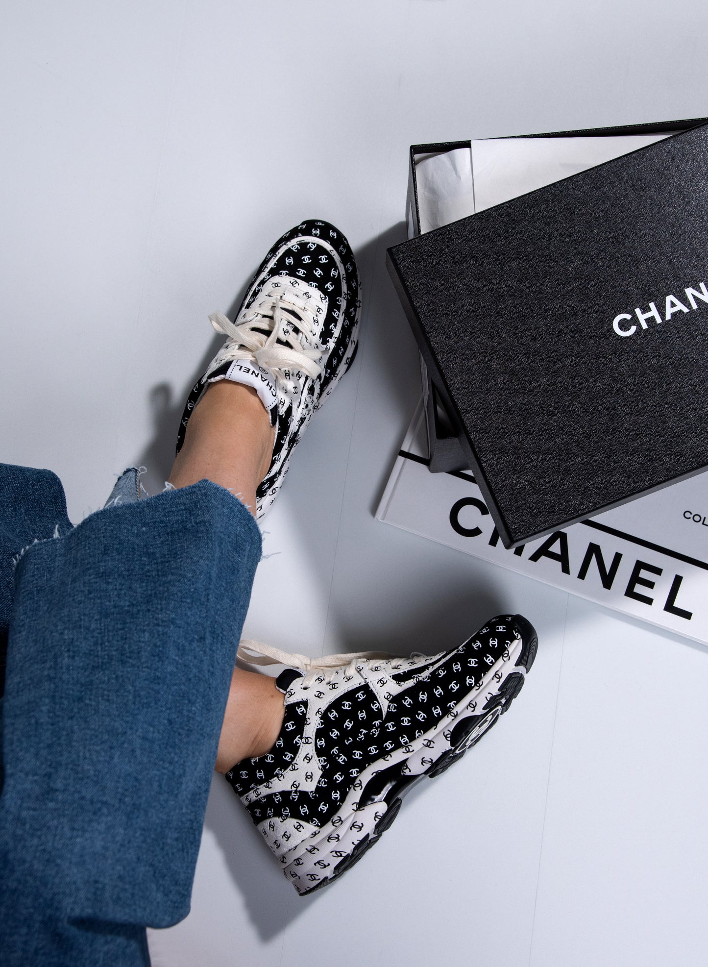 Chanel CC Logo Sneakers in Black/White