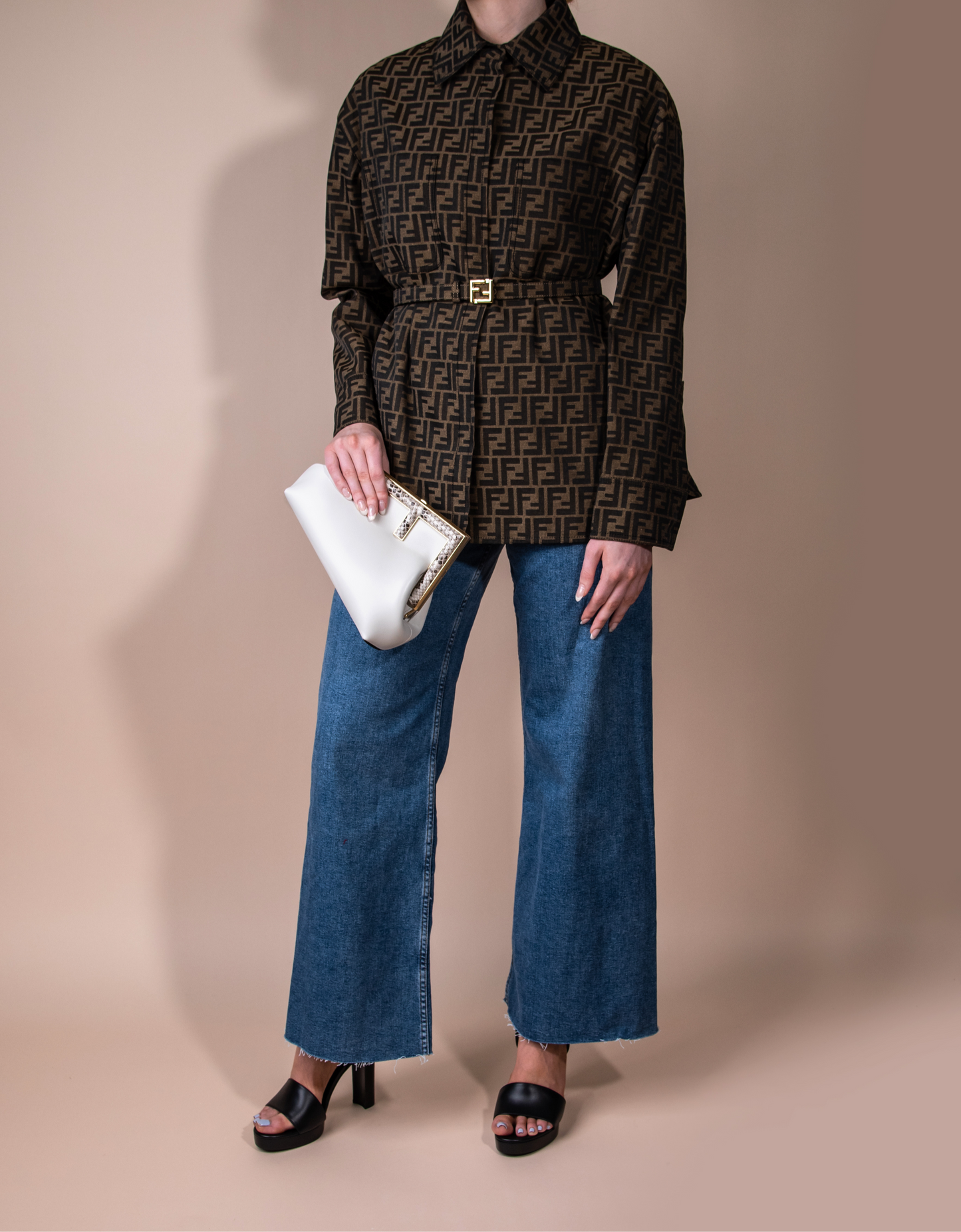 Fendi Brown Canvas Go-To Jacket with First Small White Leather Bag