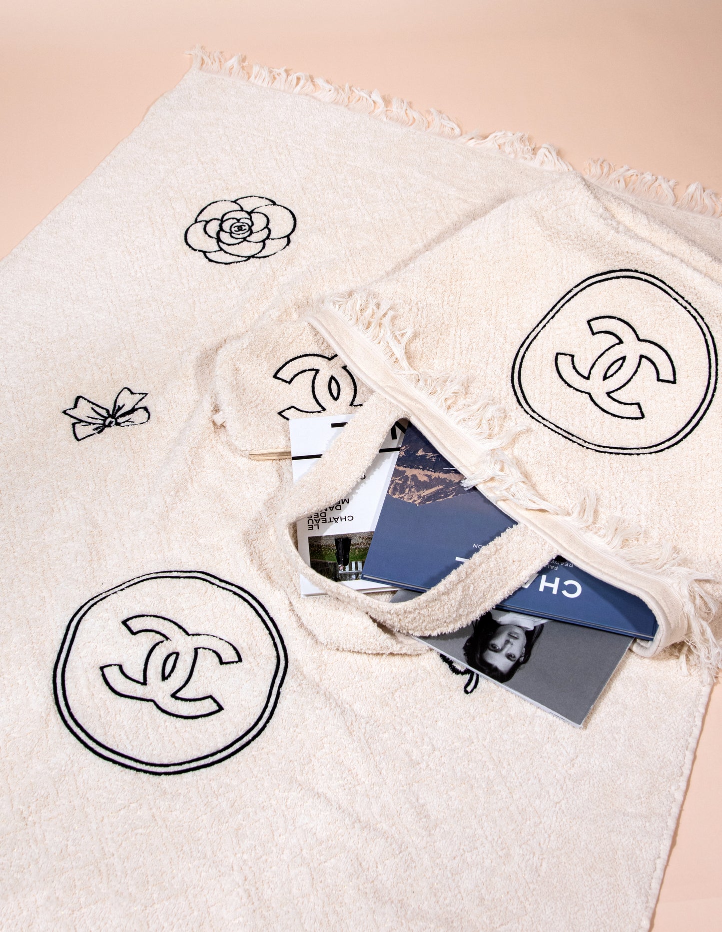 Chanel Black Tunic with CC White Beachwear Tote Bag