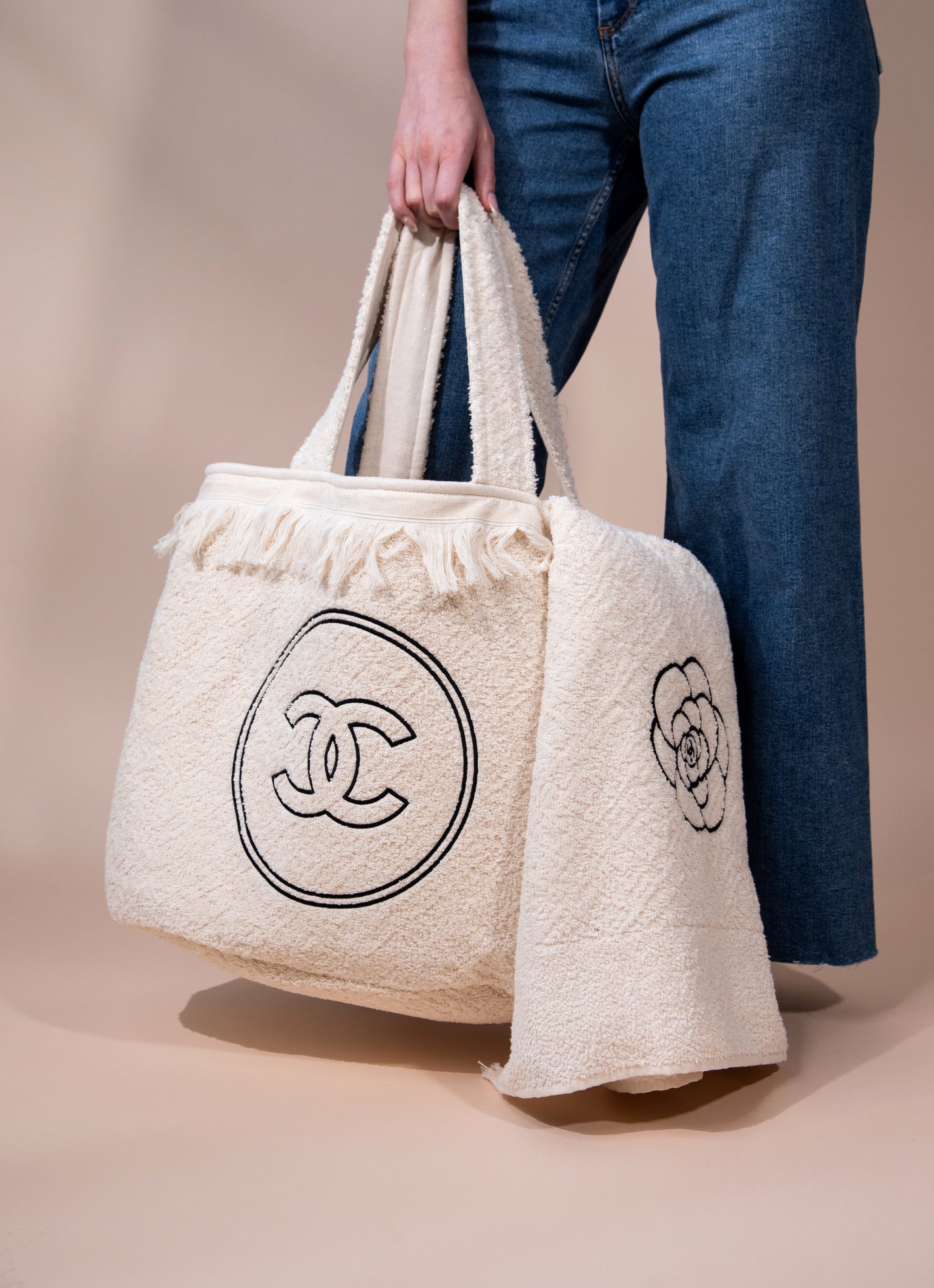 Chanel Black Tunic with CC White Beachwear Tote Bag