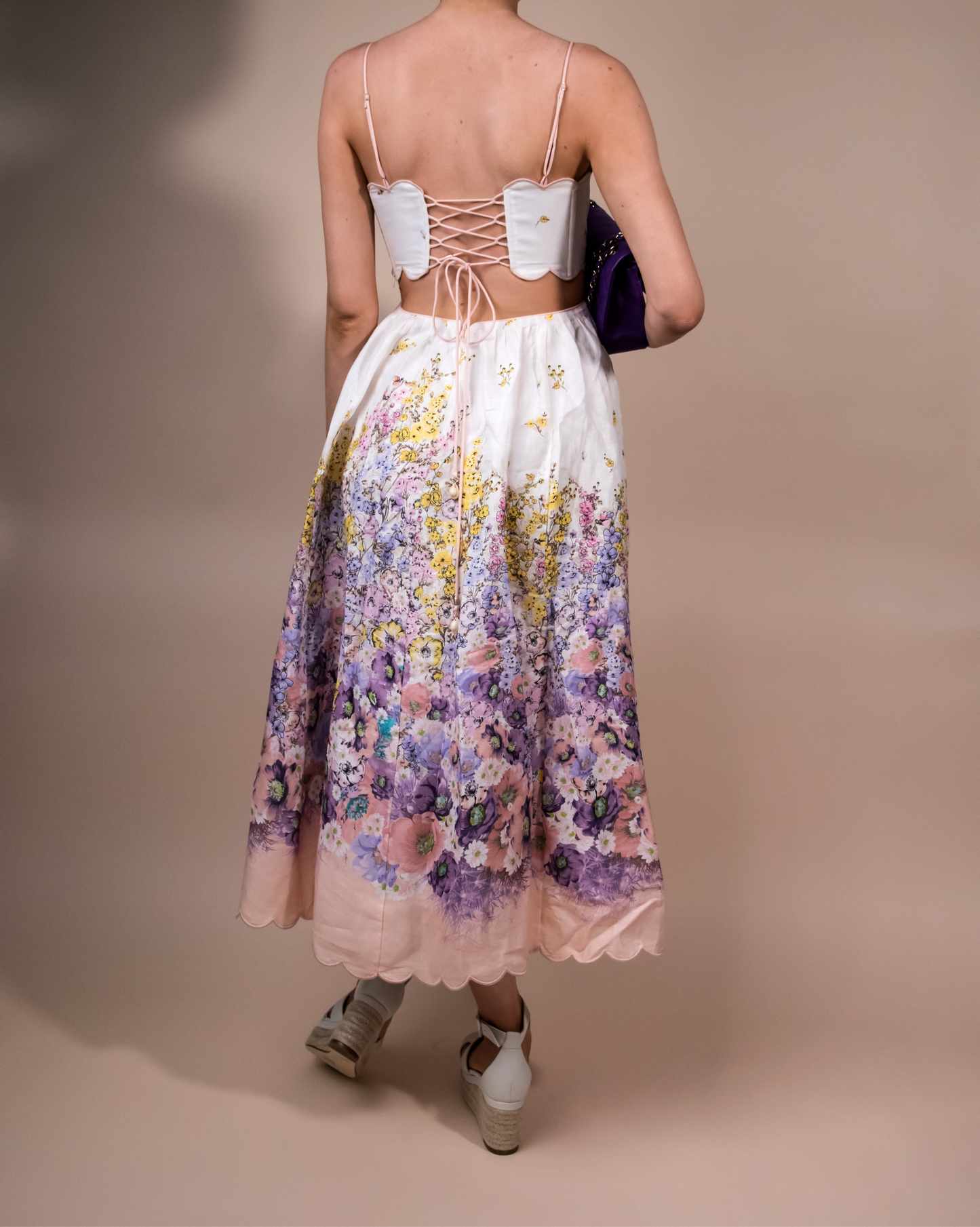 Zimmermann Jude Scallop Midi Dress with Chanel Purple Flap Bag