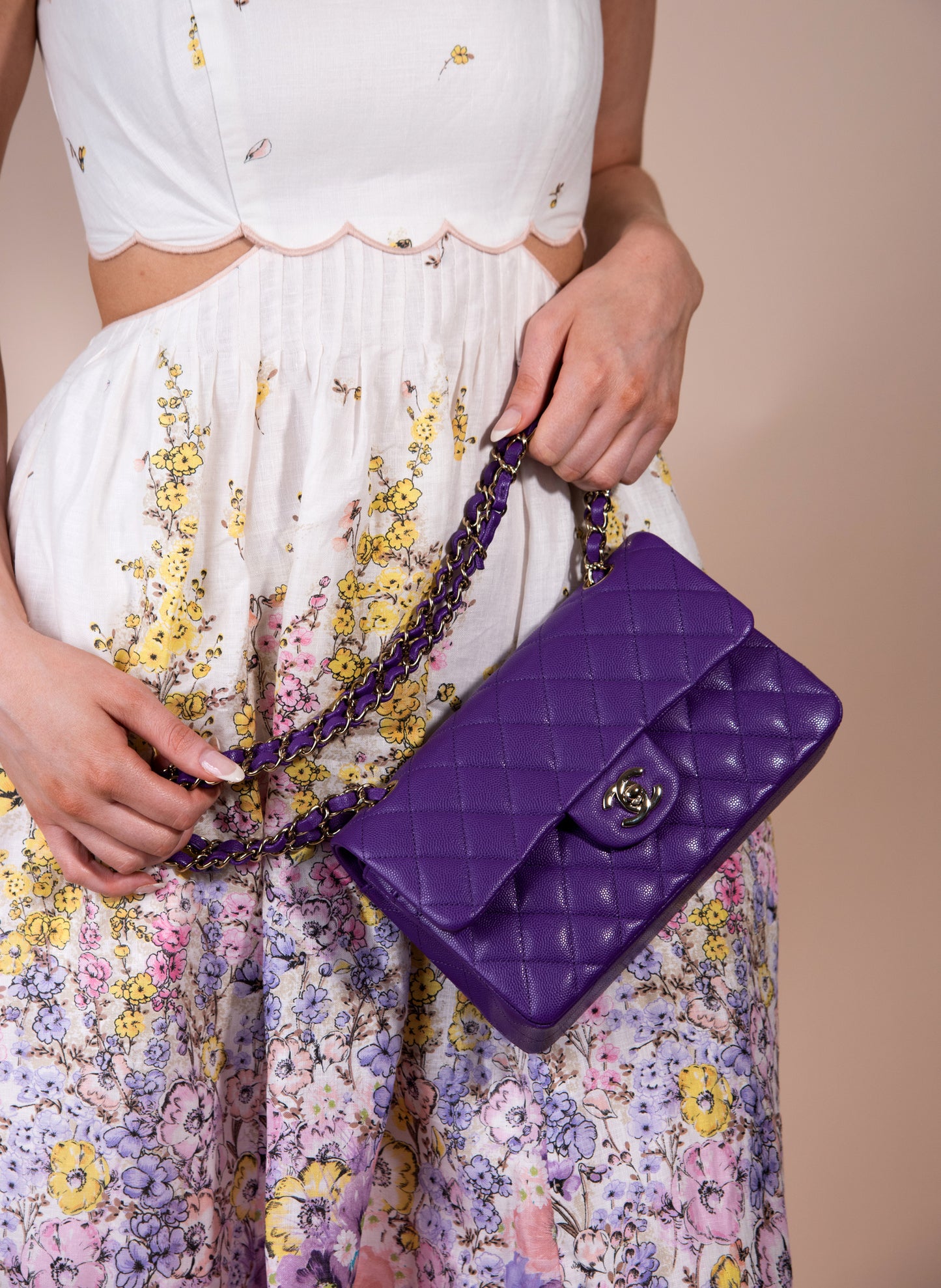 Zimmermann Jude Scallop Midi Dress with Chanel Purple Flap Bag