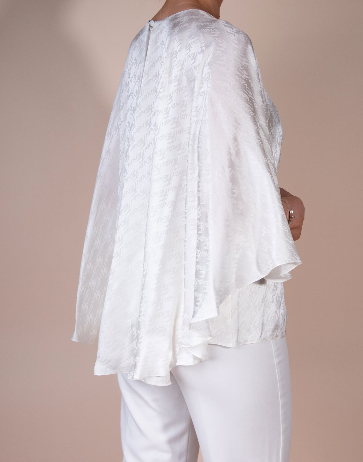 Fendi Logo-Jacquard Satin Flutter-Sleeve Top