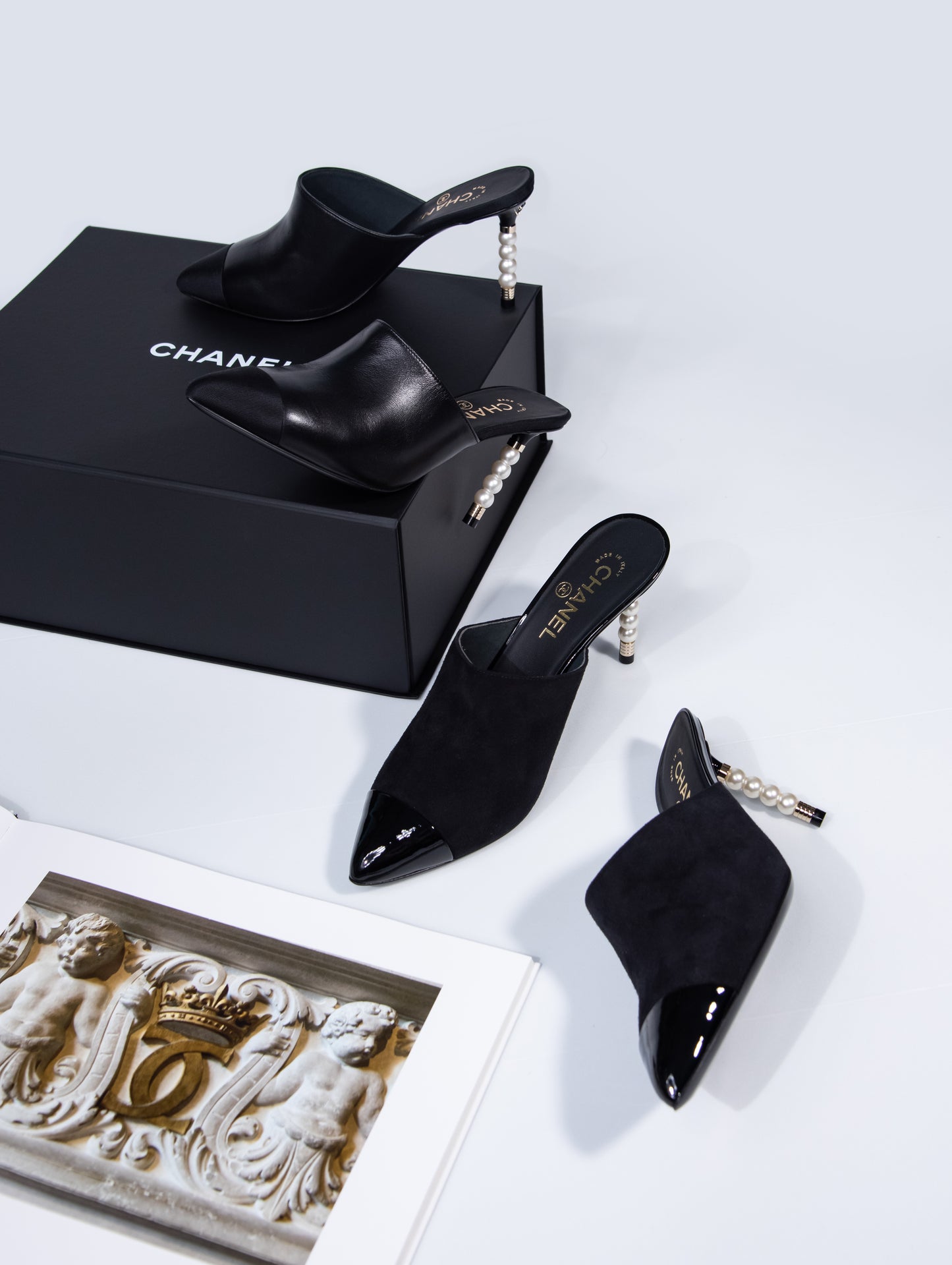 Chanel Logo Pearl Heeled Mules in Leather & Suede