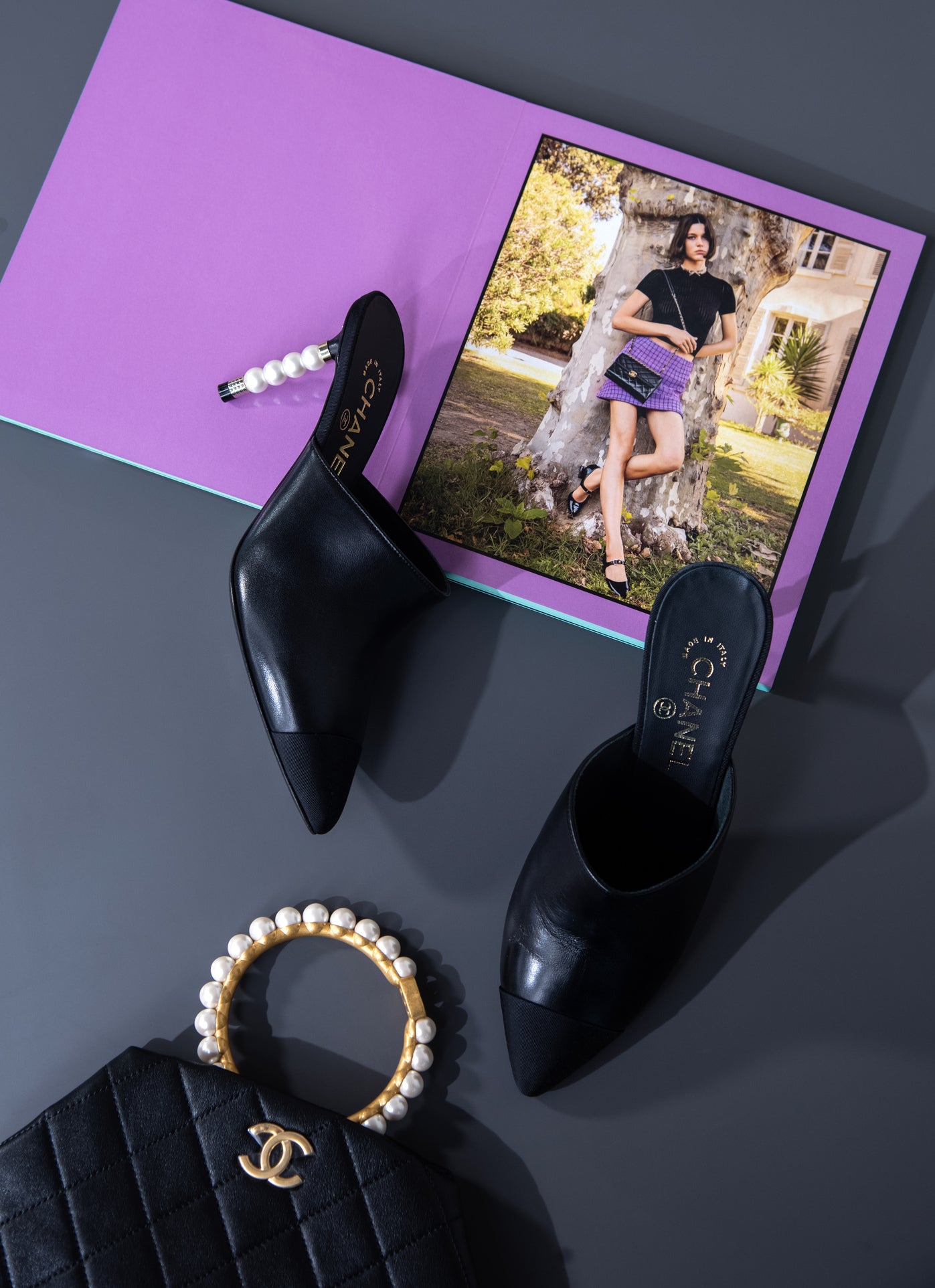 Chanel Logo Pearl Heeled Mules in Leather & Suede