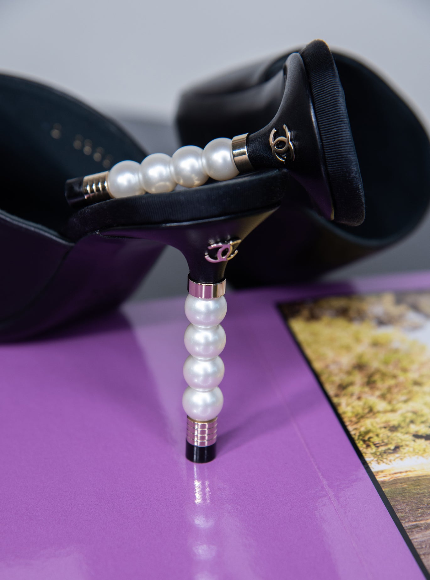 Chanel Logo Pearl Heeled Mules in Leather & Suede