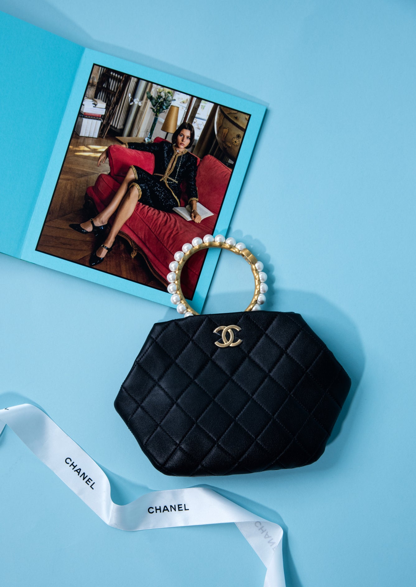 Chanel Pearl Handle Quilted Lambskin Clutch