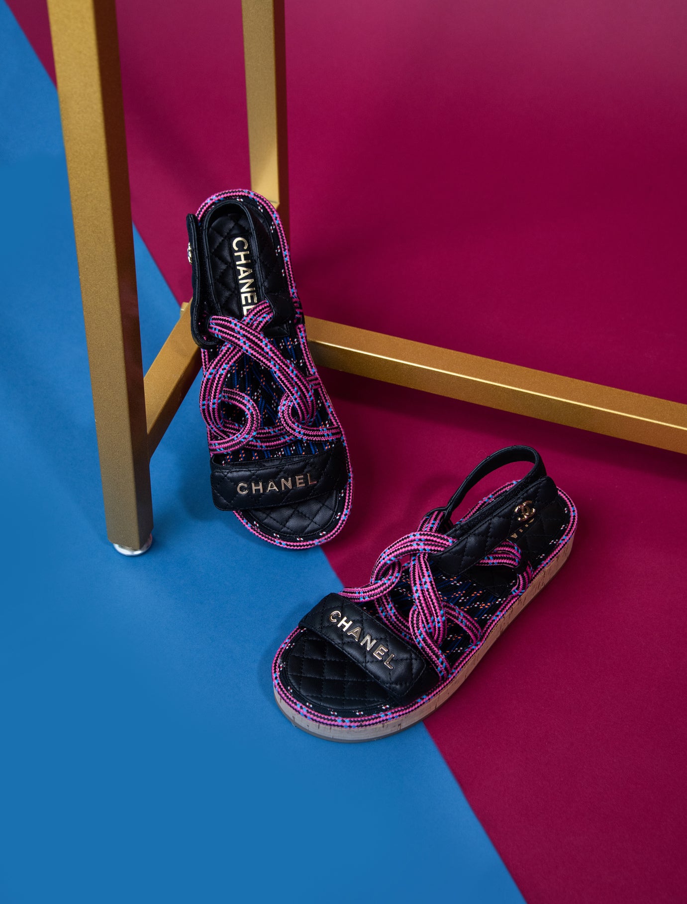 Chanel Cord Lambskin Quilted Logo Sandals in Pink/Black