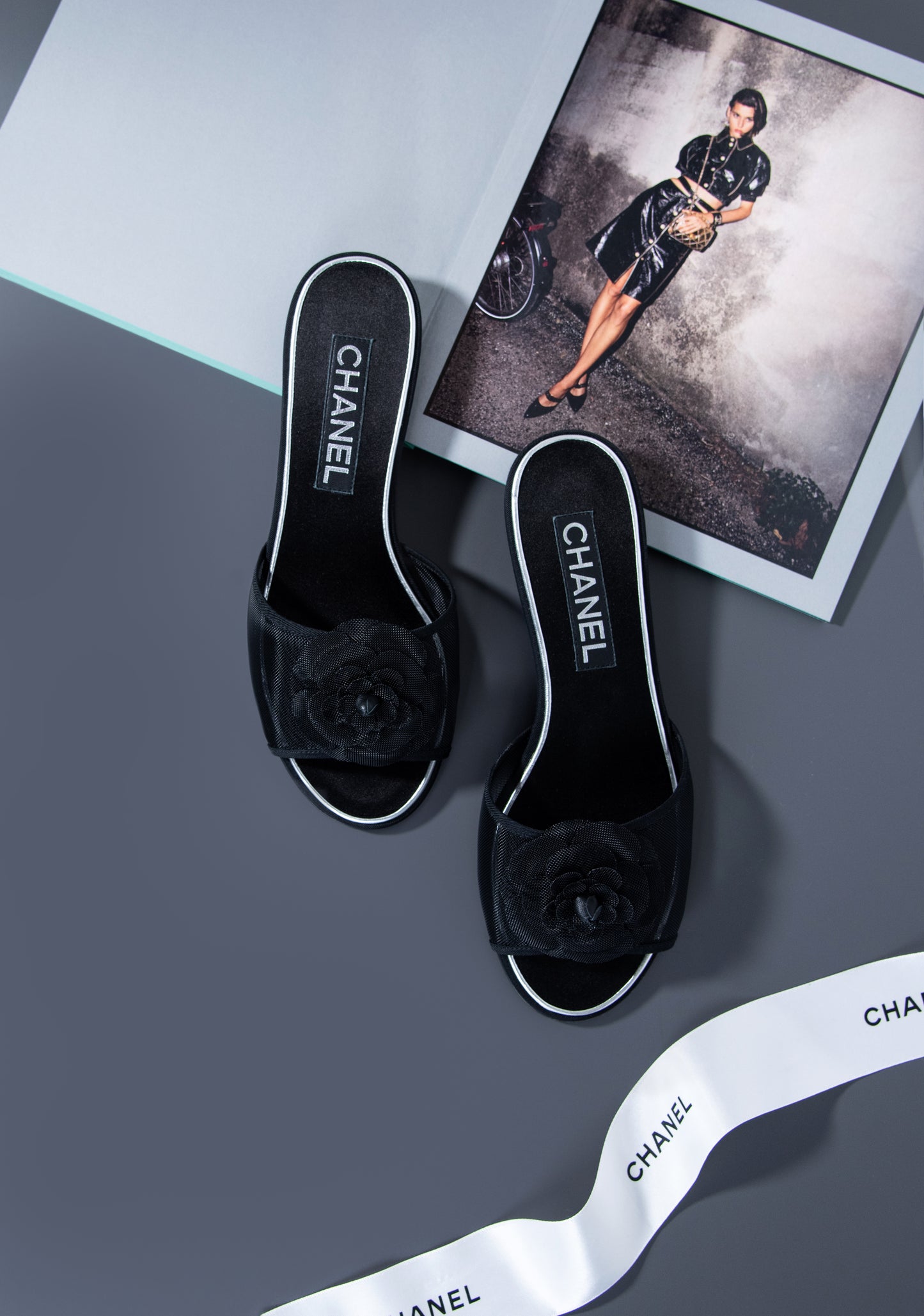 Chanel Black Rose Mesh Sandals