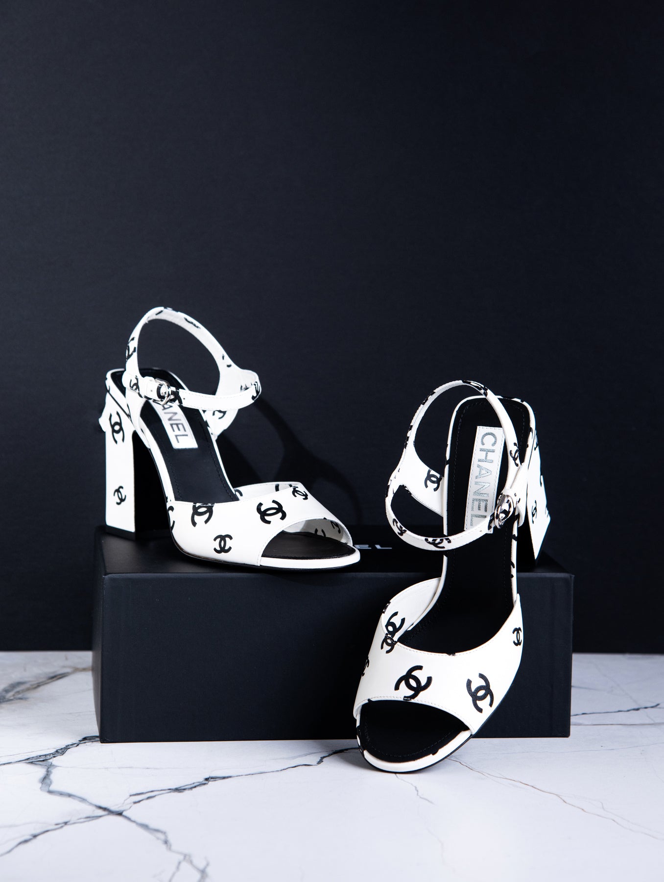Chanel CC Printed Lambskin Sandals in White/Black