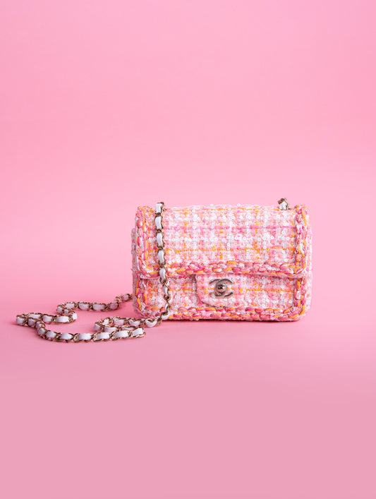 Chanel Tweed Braid Sequin Mini Flap in White/Pink/Orange