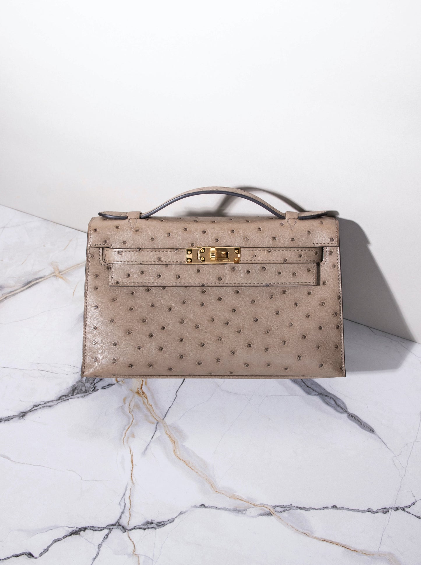 Hermès Ostrich Mini Kelly Pochette Grey Asphalt GHW