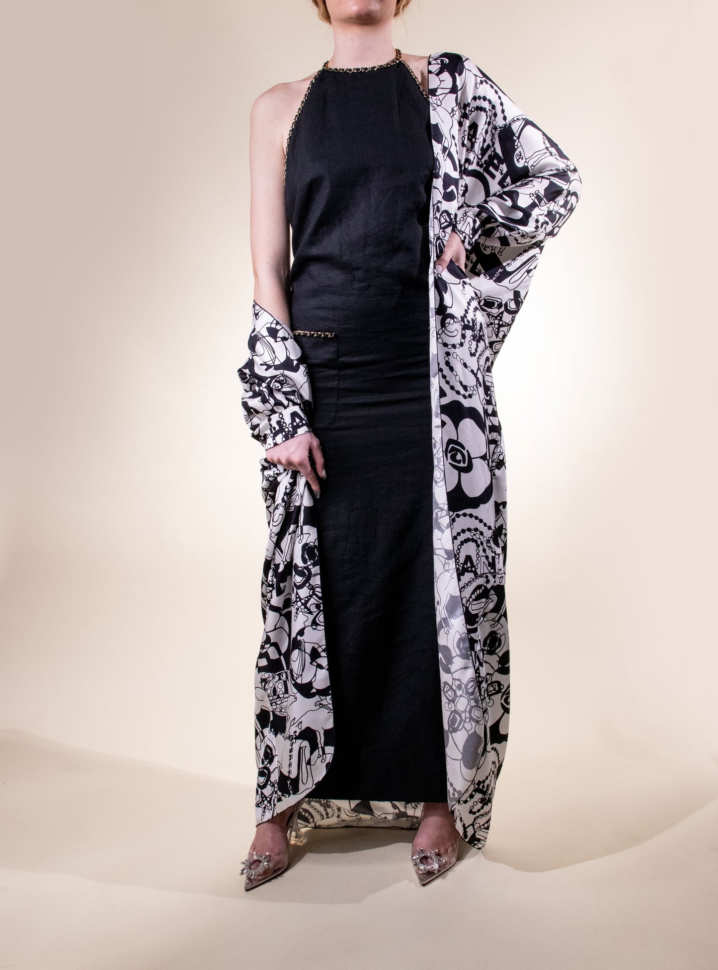 Chanel Coat Printed Silk Twill in White & Black