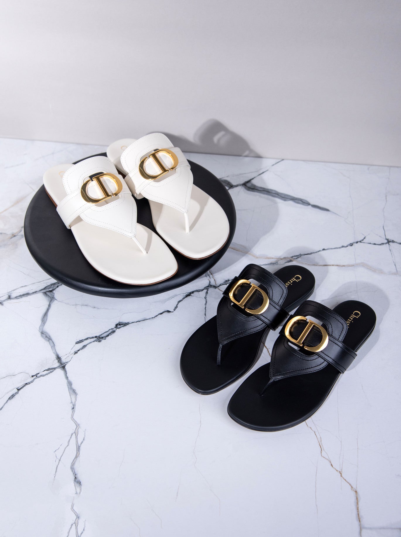 Dior 30 Montaigne Flat Thong Sandals in White & Black