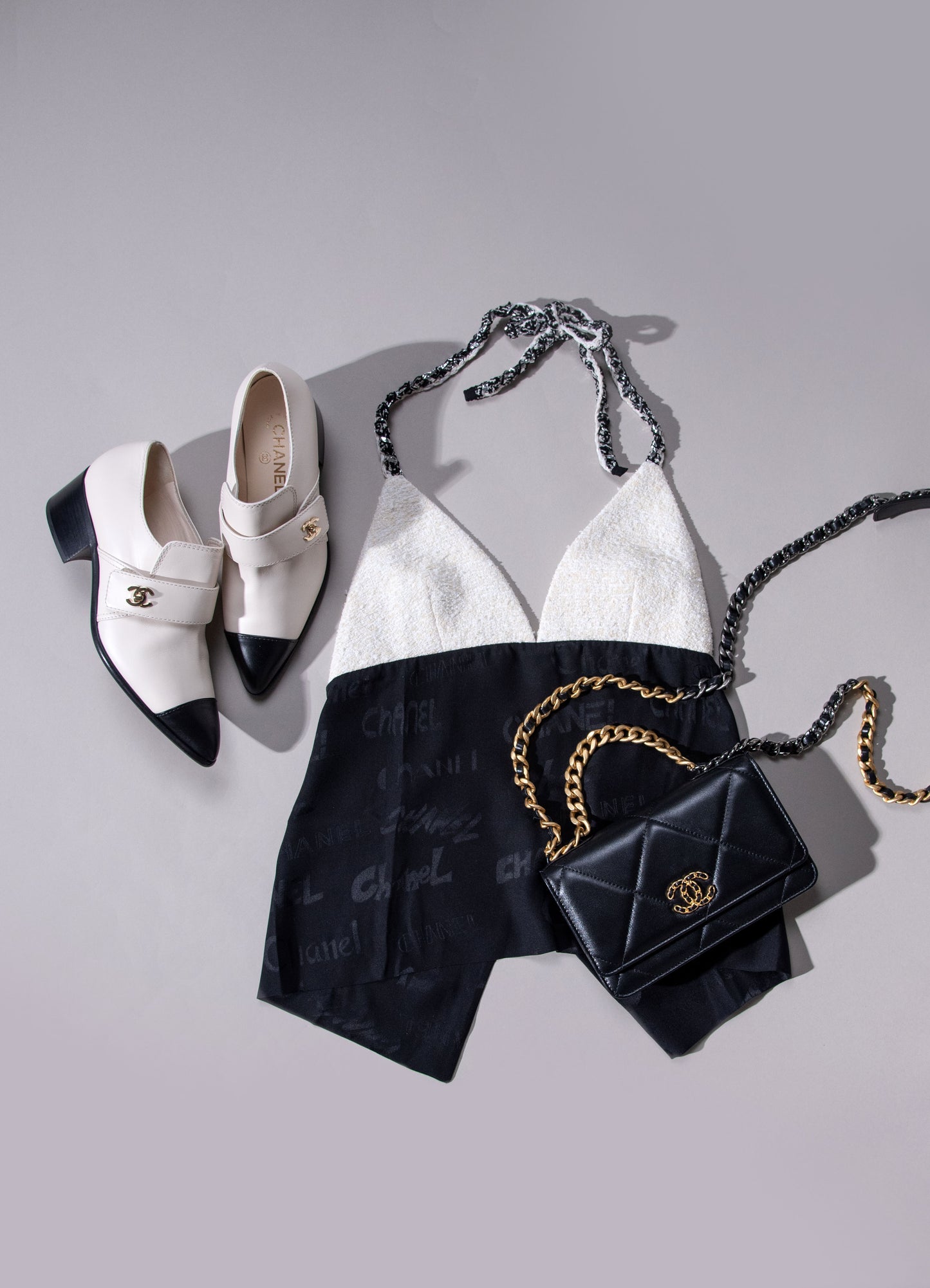 Chanel Summer Top with Chanel 19 Wallet on Chain & Chanel Classic Loafers