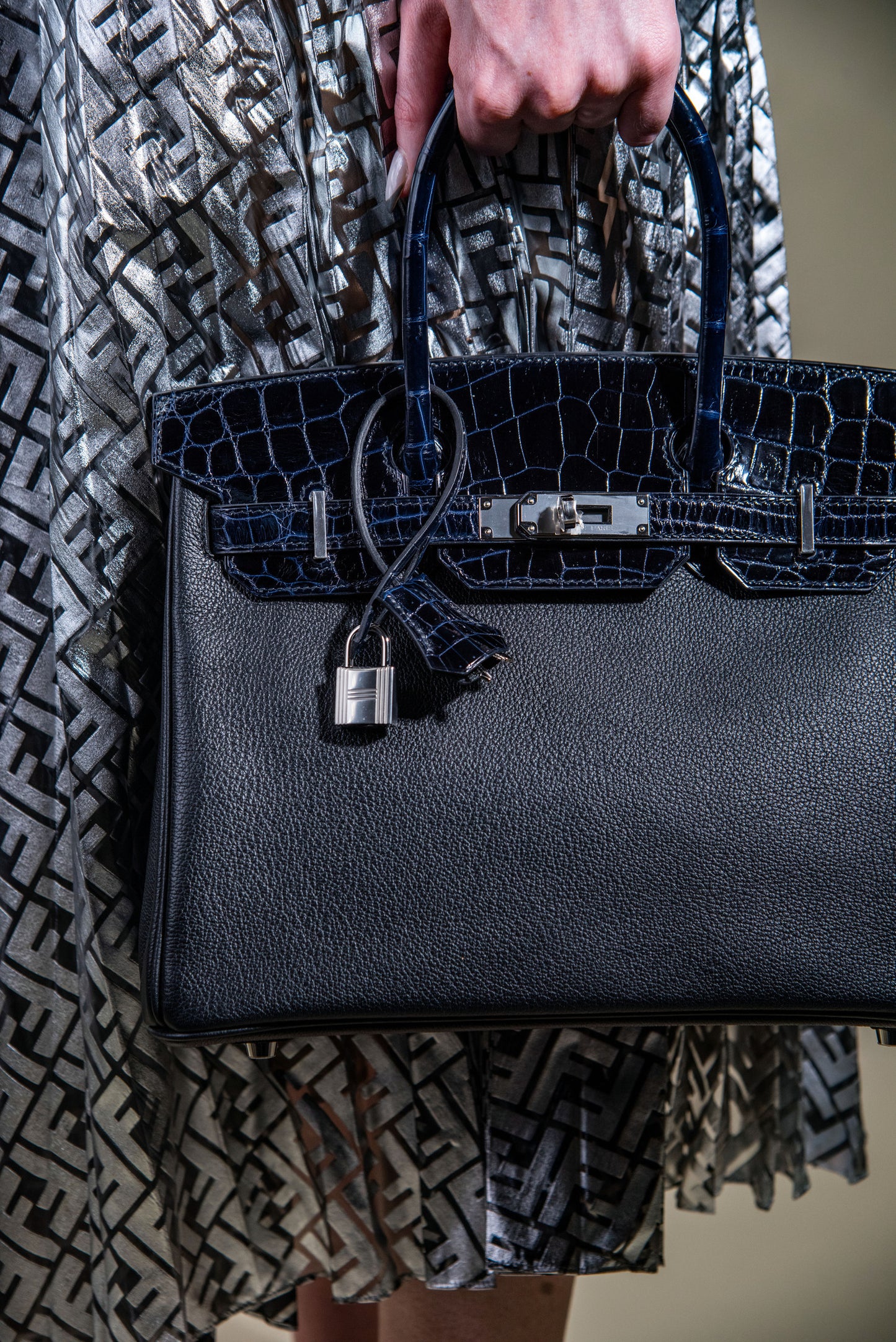 Hermès - Birkin 30 Touch Shiny Crocodile in Blue Marine/Black PHW