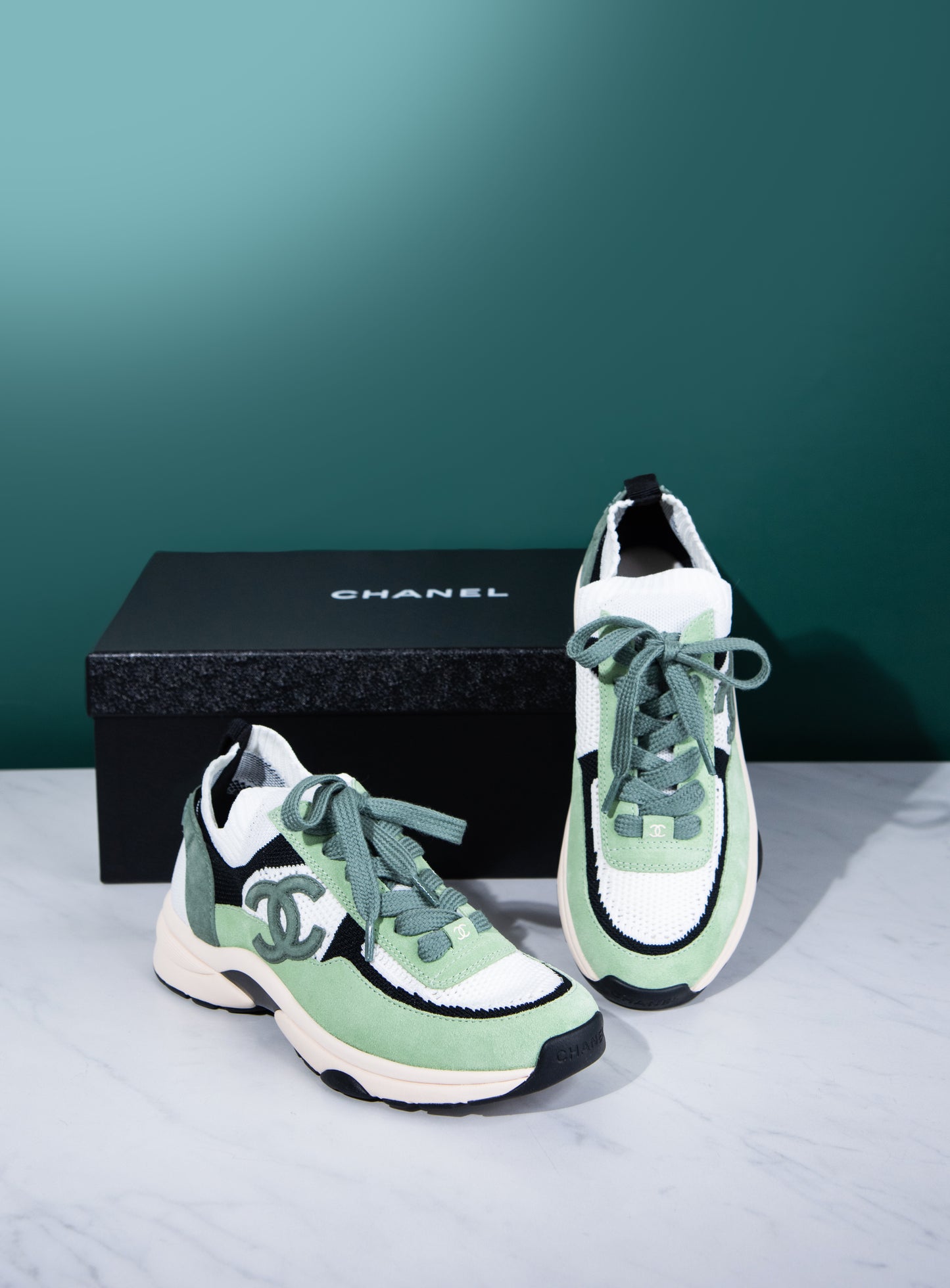 Chanel CC Sneakers in Green/Black/White