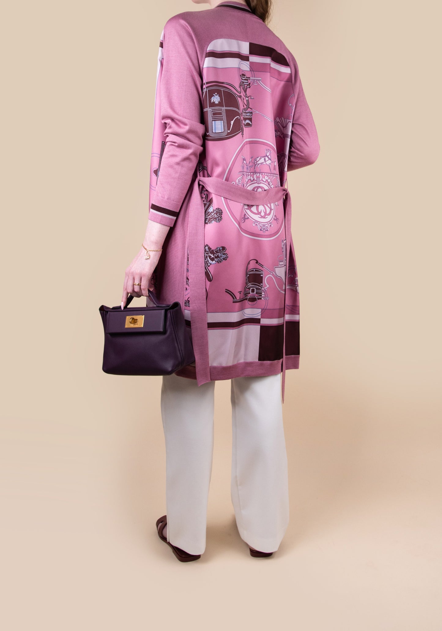 Hermès Long Cardigan in Rose Aphrodite with Mini 24/24 Cassis GHW & Oran Sandals