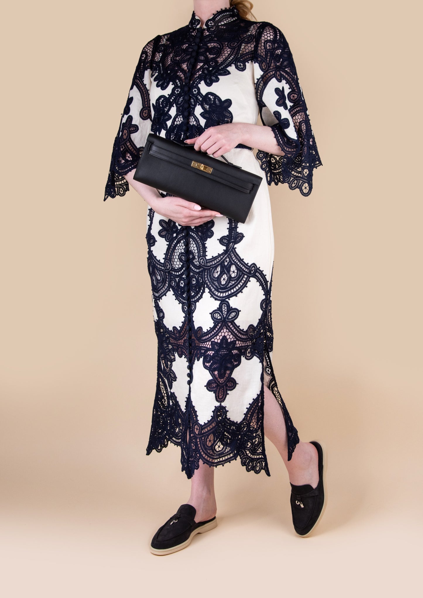 Hermès Kelly Cut Clutch in Black GHW with Zimmermann Linen Dress & Loro Piana Babouche Loafers