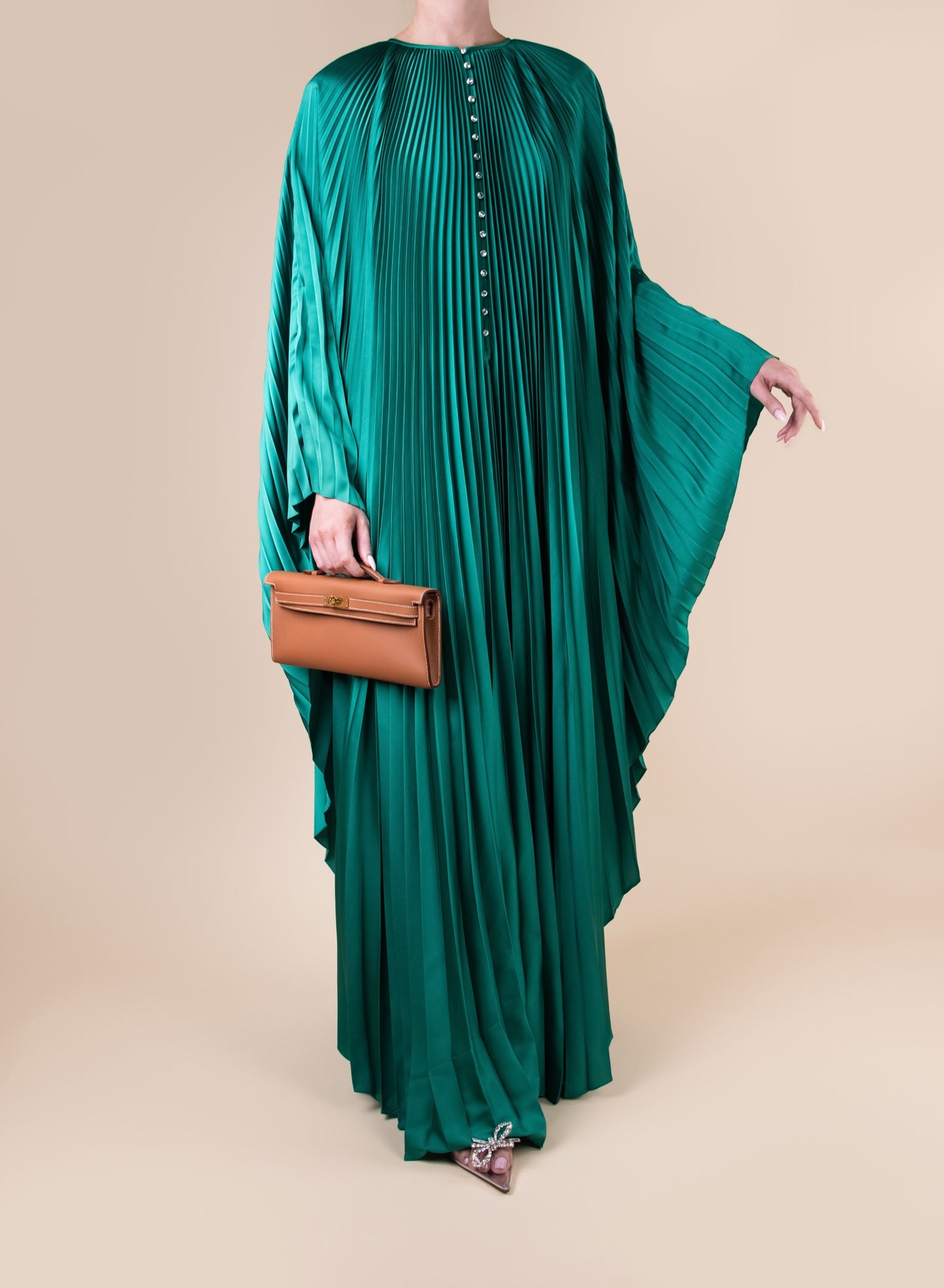 Semsem - Crystal-Embellished Plissé-Satin Maxi Dress in Forest Green with Hermès Kelly Cut Wallet in Gold