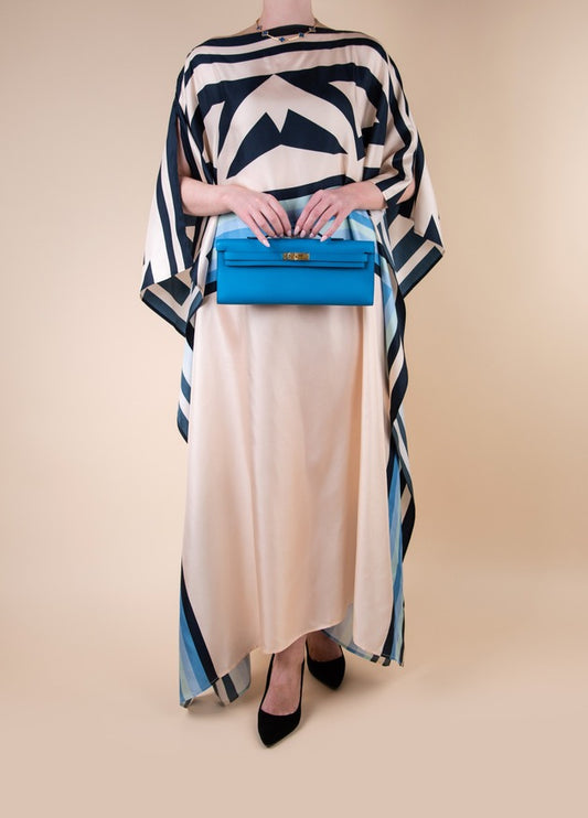 Louisa Parris The Long Scarf Printed Silk-Twill Kaftan & Hermès Kelly Clutch in Blue Freda GHW