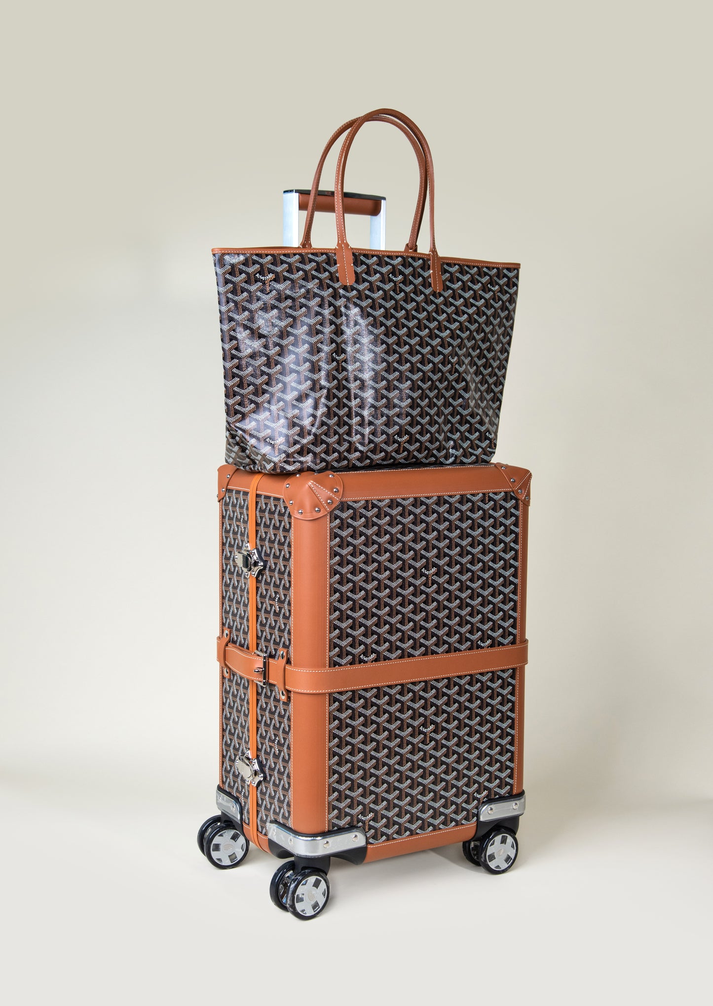 Goyard - Wheeled Luggage Bourget PM Trolley Case with Saint Louis PM Bag in Black & Tan
