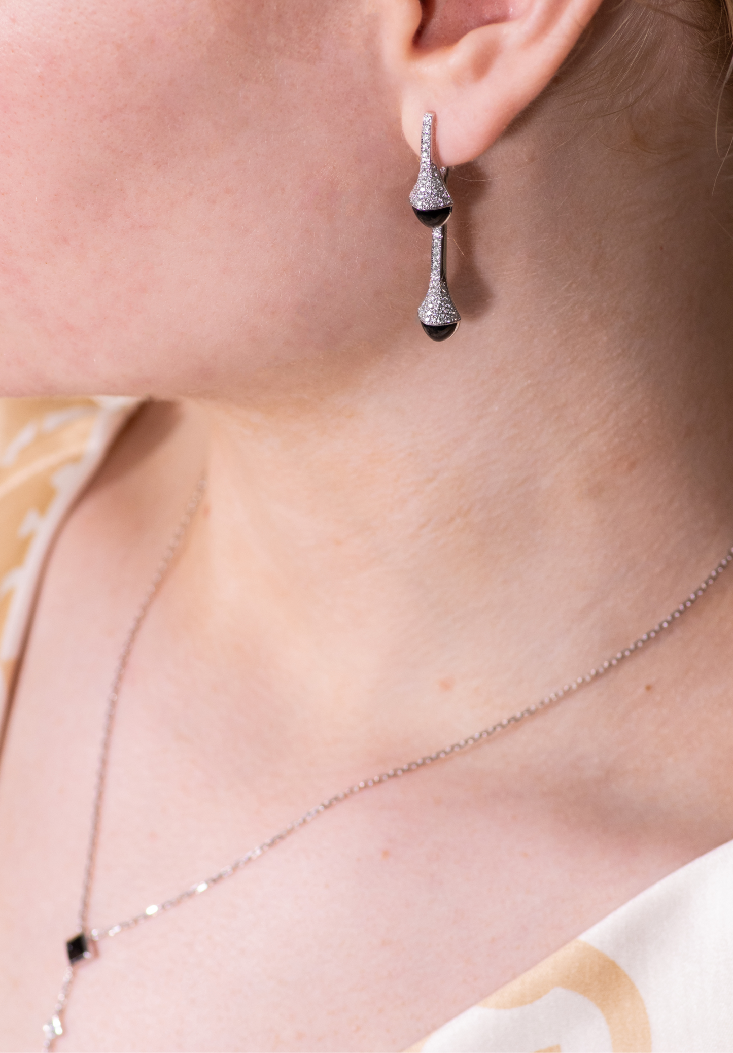 Marli Cleo White Gold Diamond Teardrop Pendant and Earrings in Black Onyx