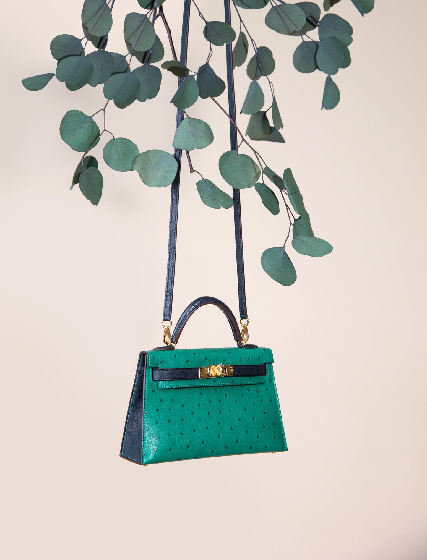 هيرميس HSS Mini Kelly 20 Ostrich Vert Vertigo/Blue Iris GHW