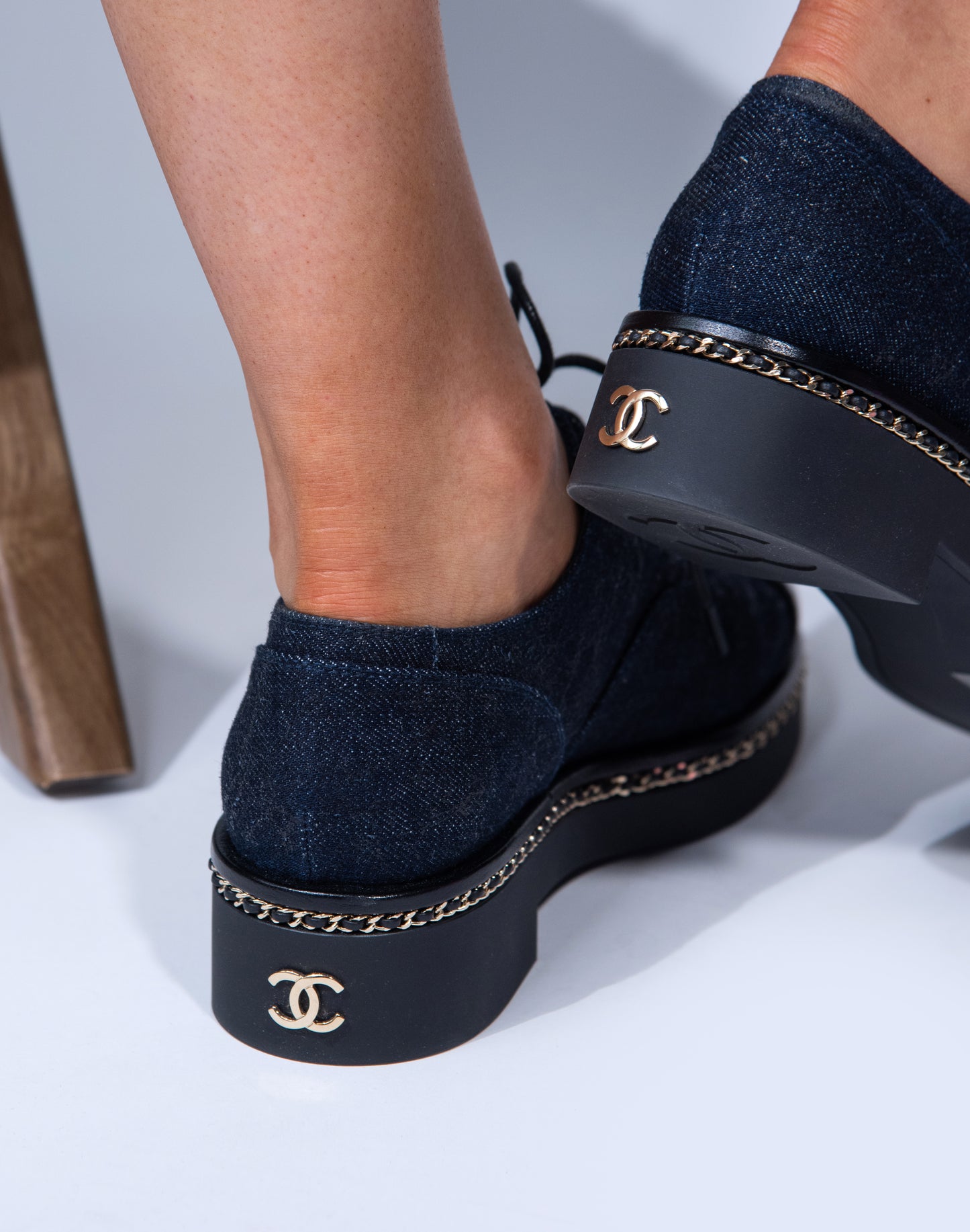 Chanel Denim Blue Chain Oxford Shoes