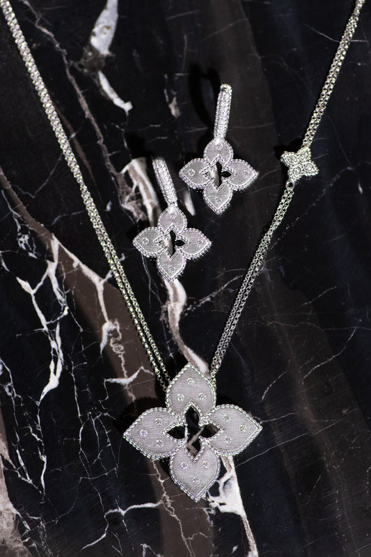 Roberto Coin Princess Flower White Gold Necklace and Earrings