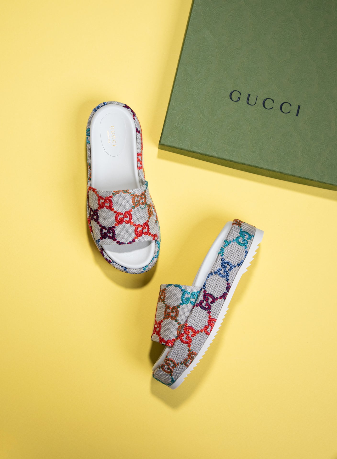 Gucci Platform Slide Sandals in GG Linen Fabric