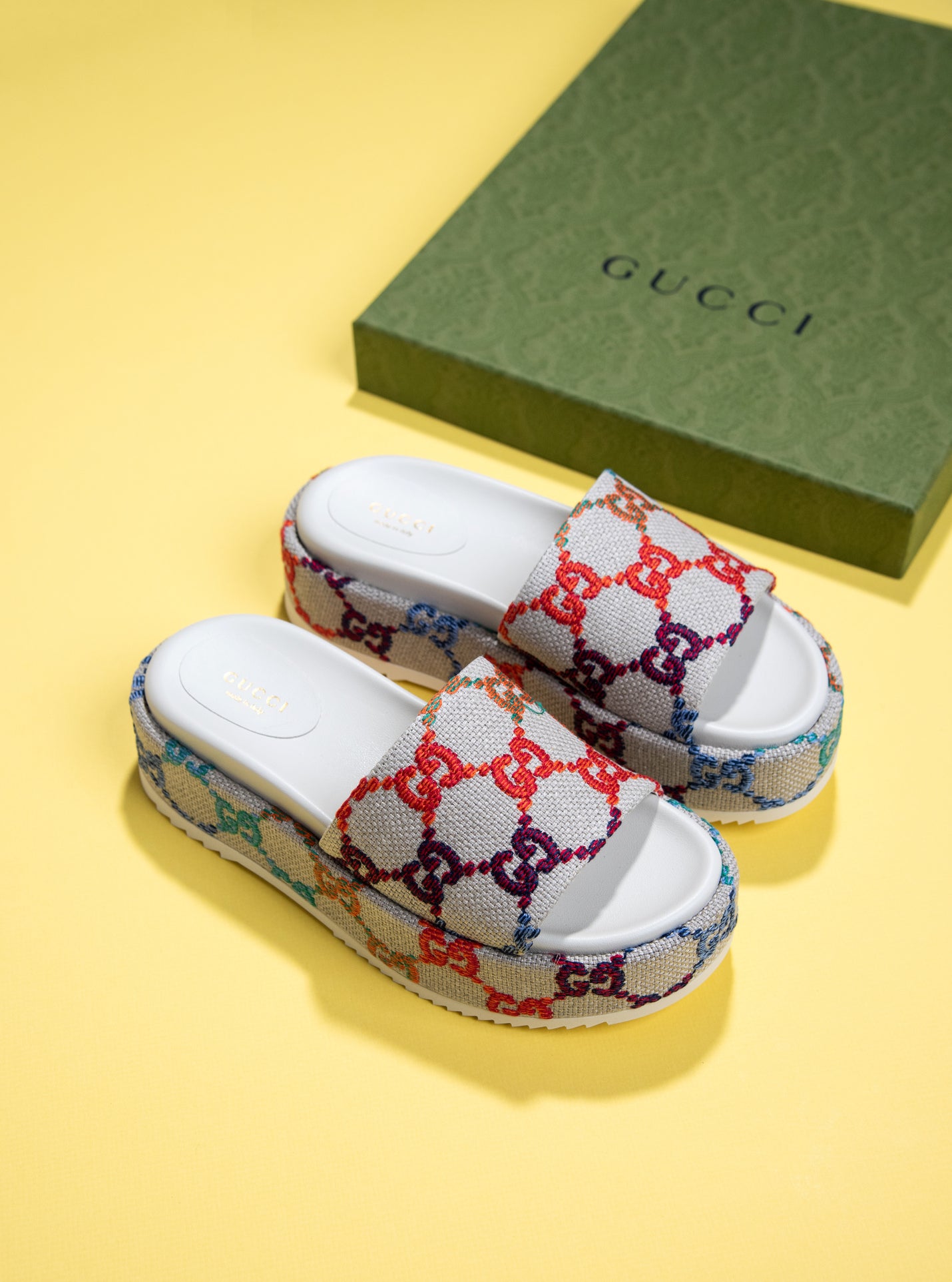 Gucci Platform Slide Sandals in GG Linen Fabric