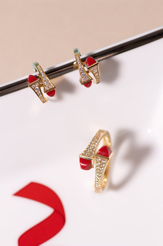 Marli Cleo Yellow Gold Diamond Huggie Earrings & Ring in Red Coral