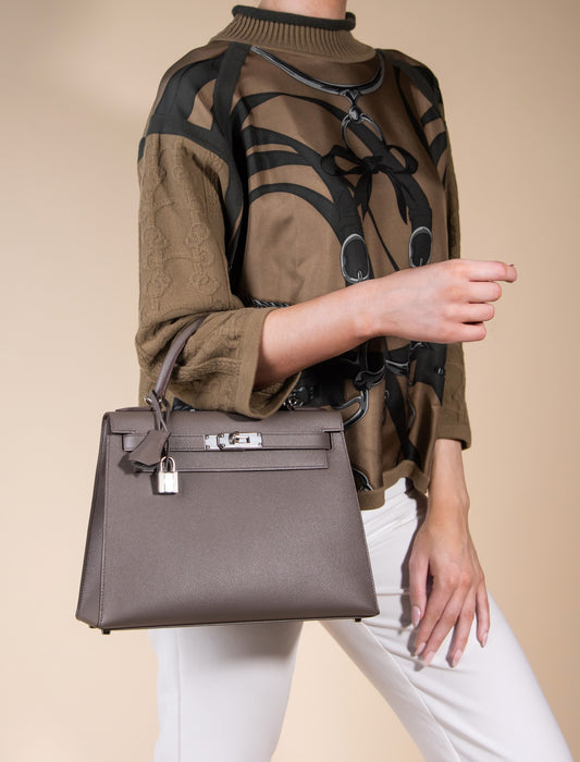 Hermès - Sweatshirt in Vert Gobi with Kelly 28 Epsom in Etain PHW