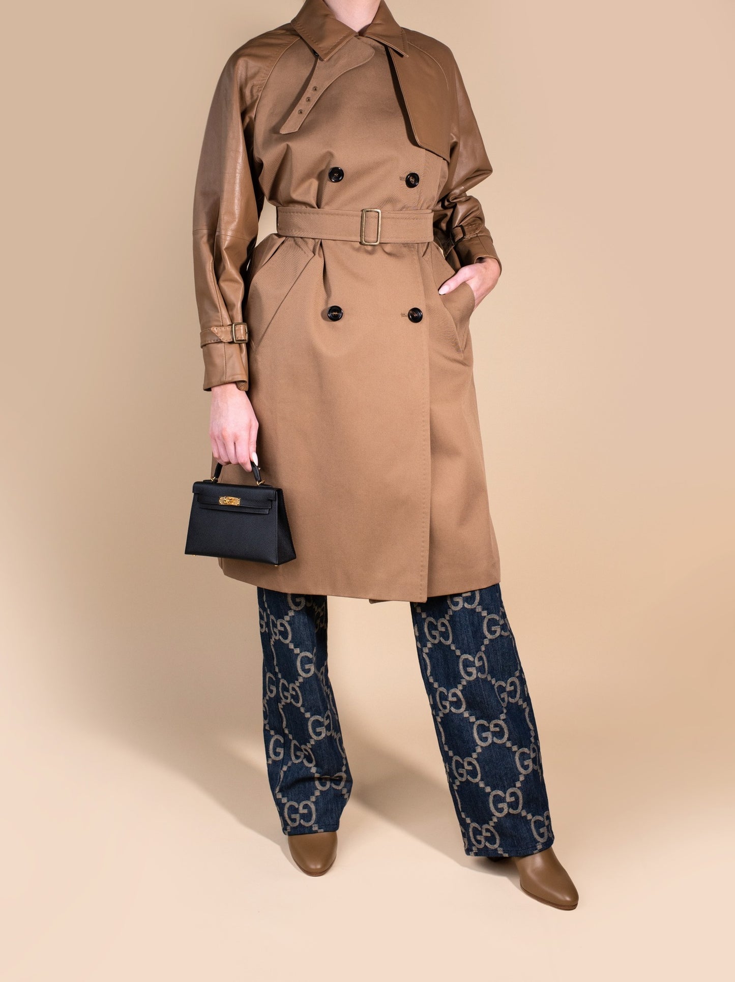 Max Mara Trench Coat with Gucci Jumbo GG Jeans and Hermès Mini Kelly 20 Black Epsom