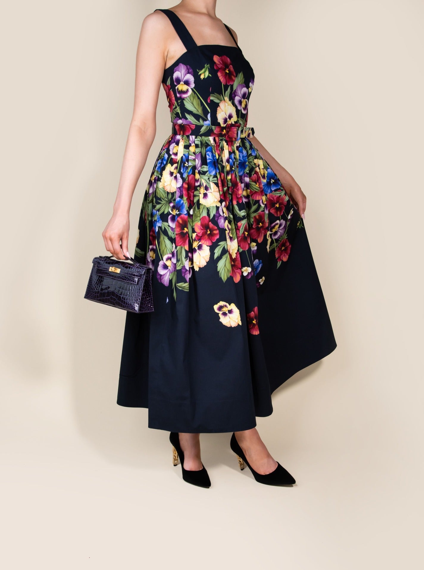 Oscar De La Renta Floral Dress with Hermès Kelly Pochette Crocodile Amethyst