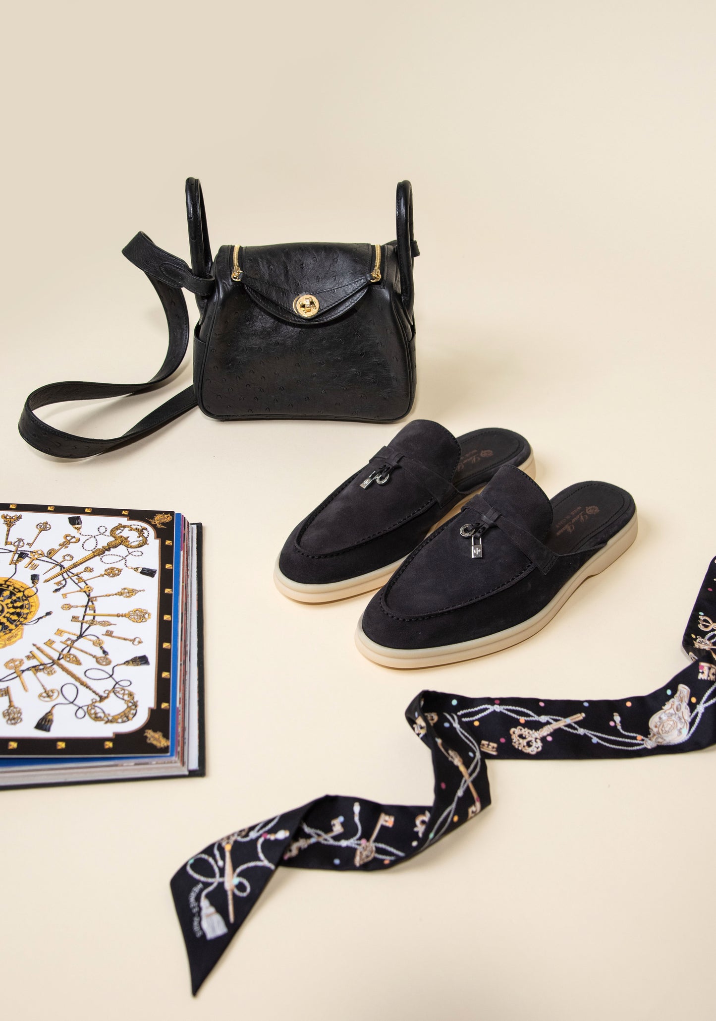 Hermès - Black Mini Lindy Ostrich with Loro Piana Babouche Mules