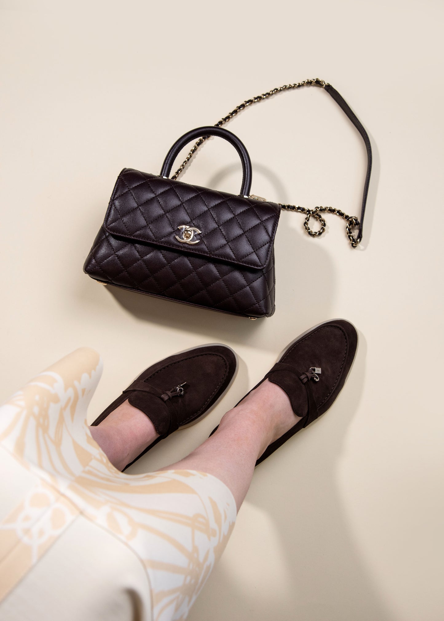 Hermès - Blanc Casse Top & Skirt with Chanel Brown Coco Handle Bag & Loro Piana Summer Charms in Brown