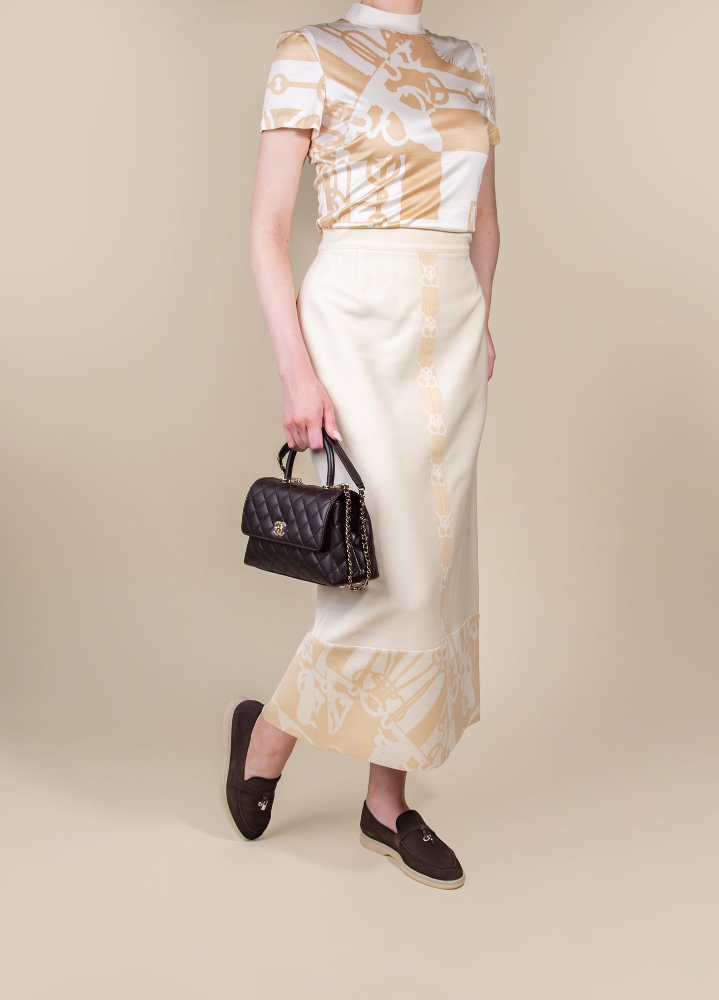 Hermès - Blanc Casse Top & Skirt with Chanel Brown Coco Handle Bag & Loro Piana Summer Charms in Brown