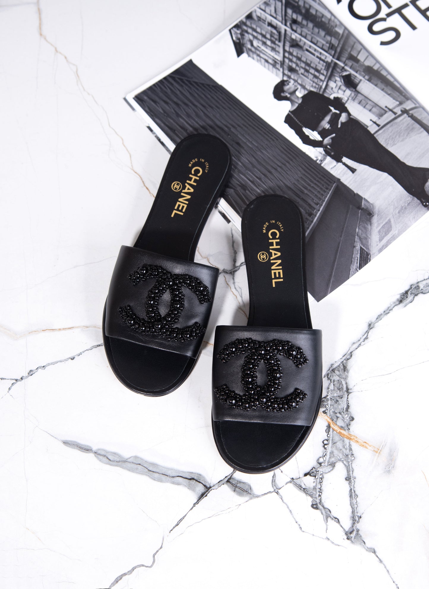 Chanel CC Black Pearl Sandals