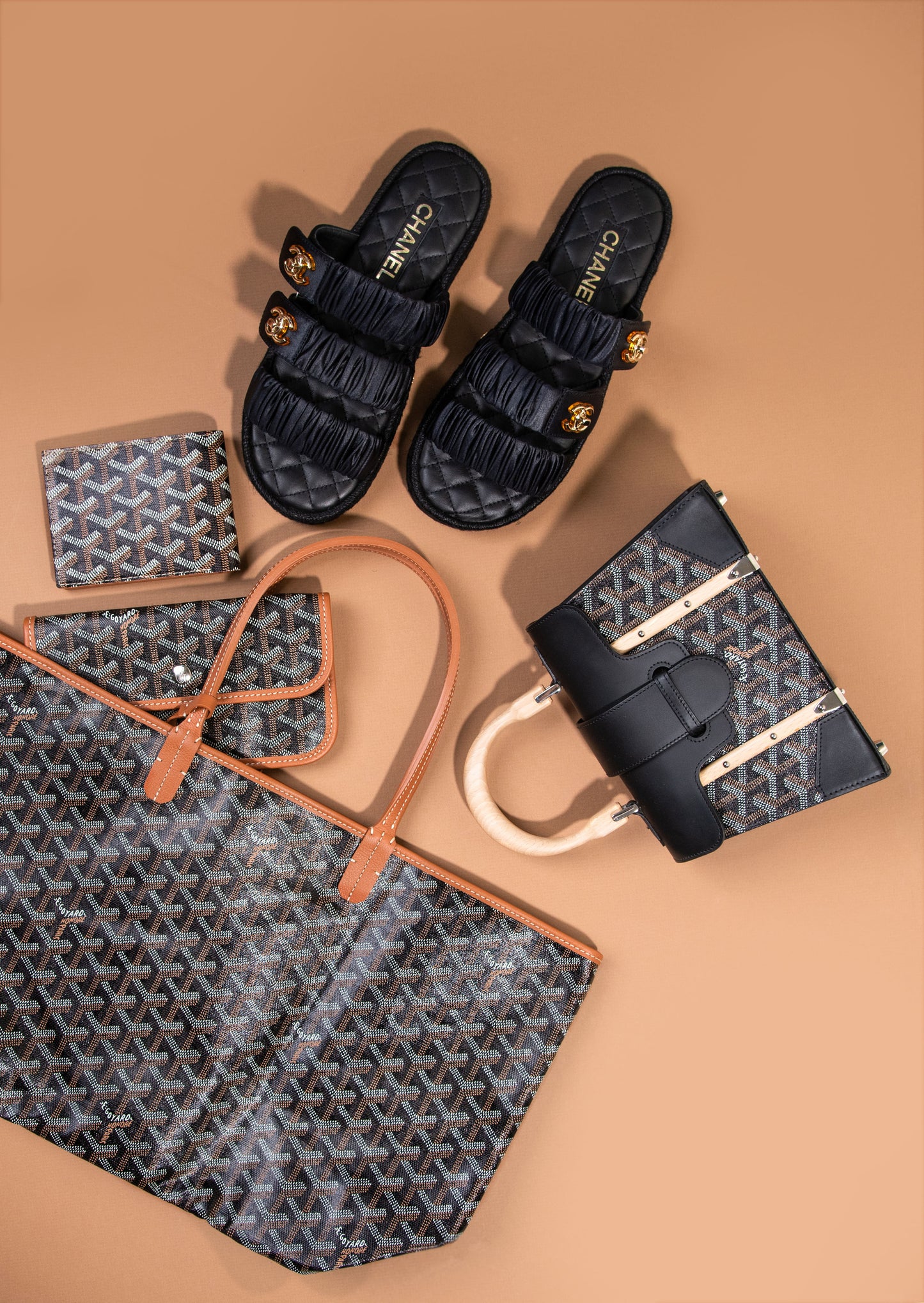 Goyard - Victoire Wallet & Saint Louis PM with Mini Saigon Structure Bag and Chanel Black CC Turnlock Sandals