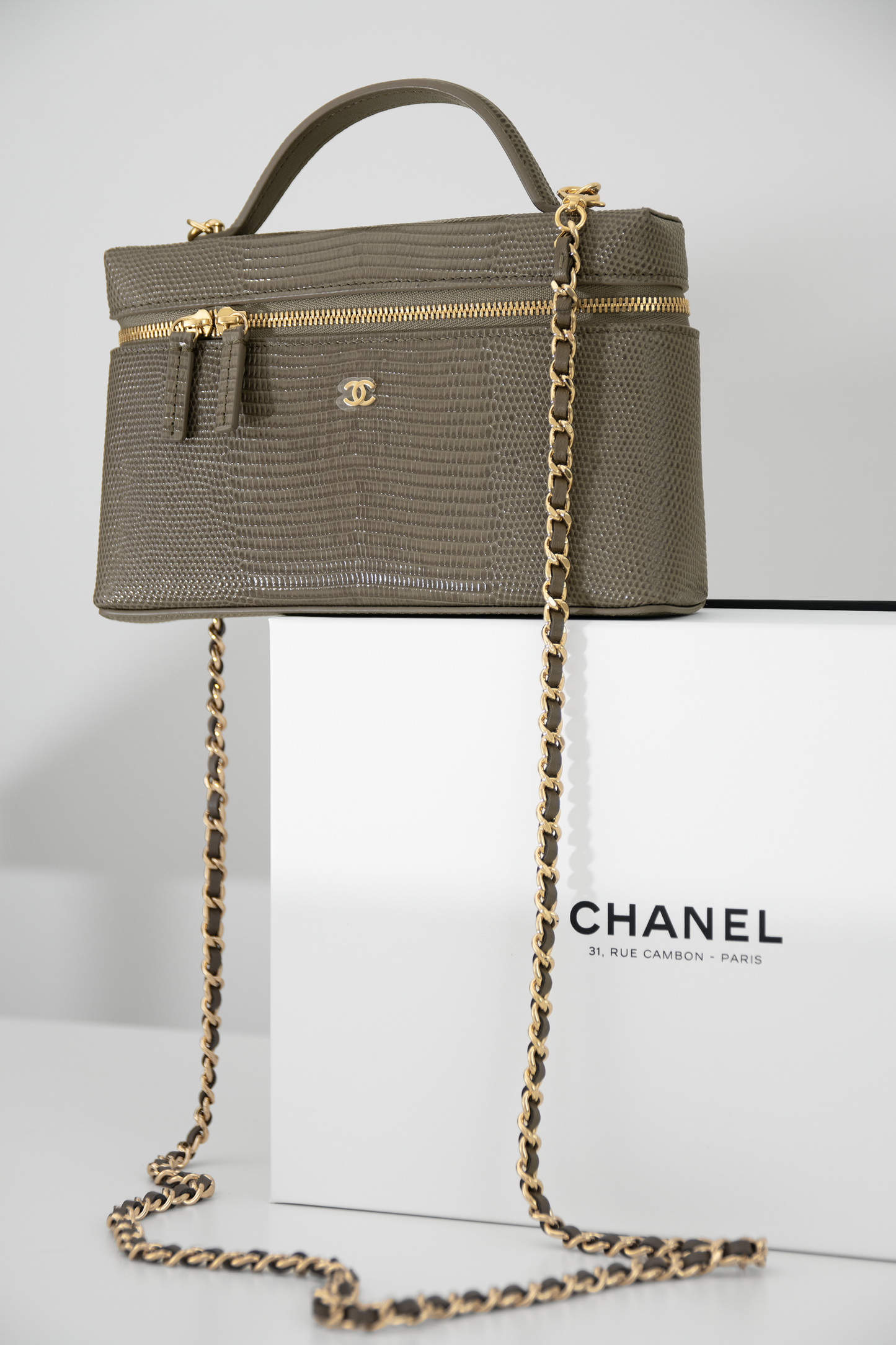 Chanel 31 Mini & Vanity Case with Chain in Dark Grey Lizard